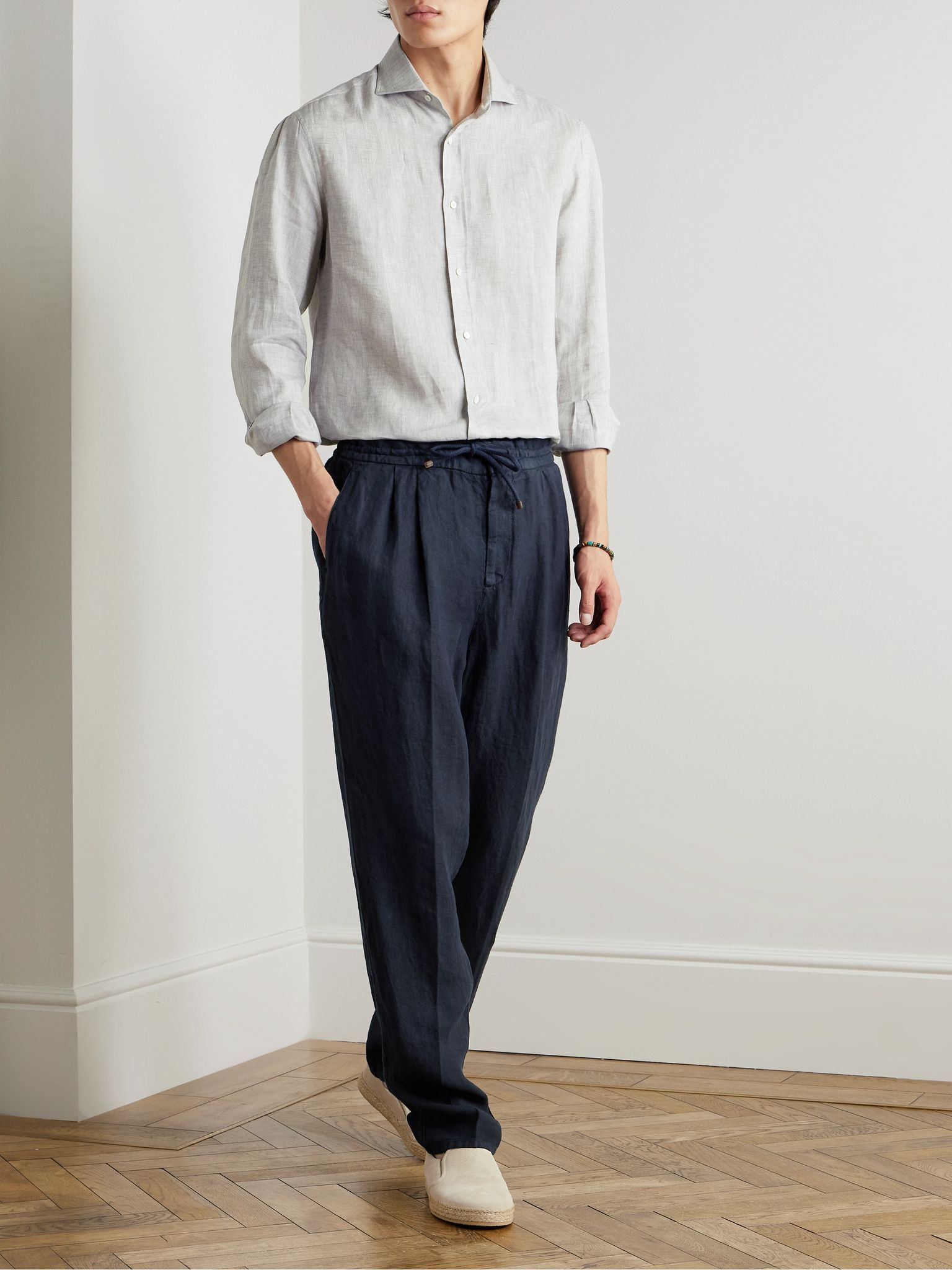 Straight-Leg Pleated Linen-Twill Drawstring Trousers Blue - 2