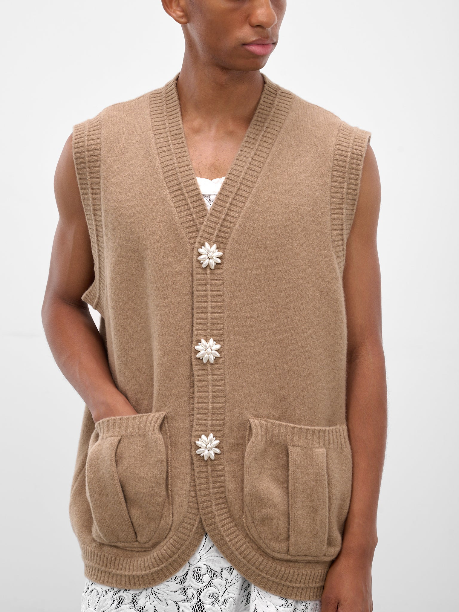 Beige Wool Knit Cardigan Vest - 5