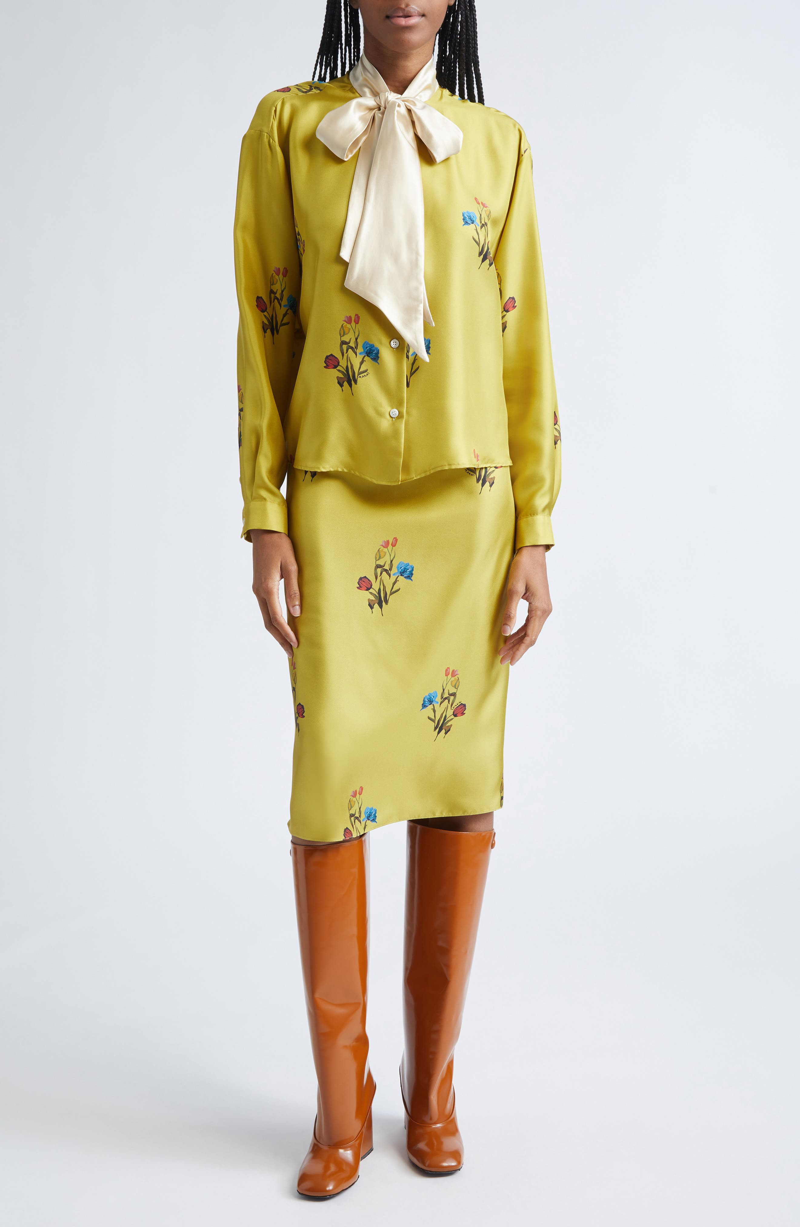 Marni Tulip Print Pleated Silk Twill Midi Skirt in Citronelle at Nordstrom - 2