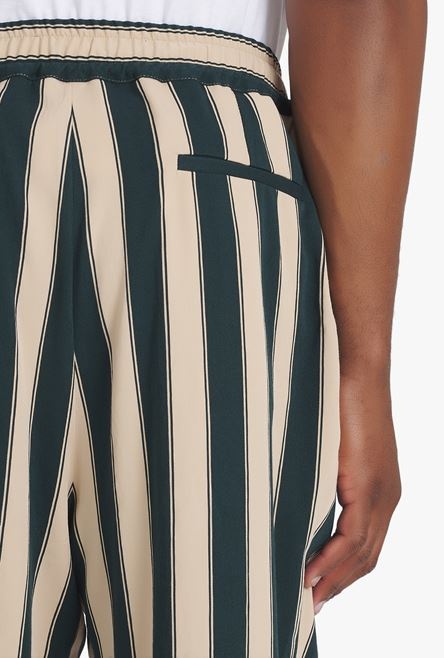 Sand-colored and dark green striped eco-designed cotton pleated pants - 8