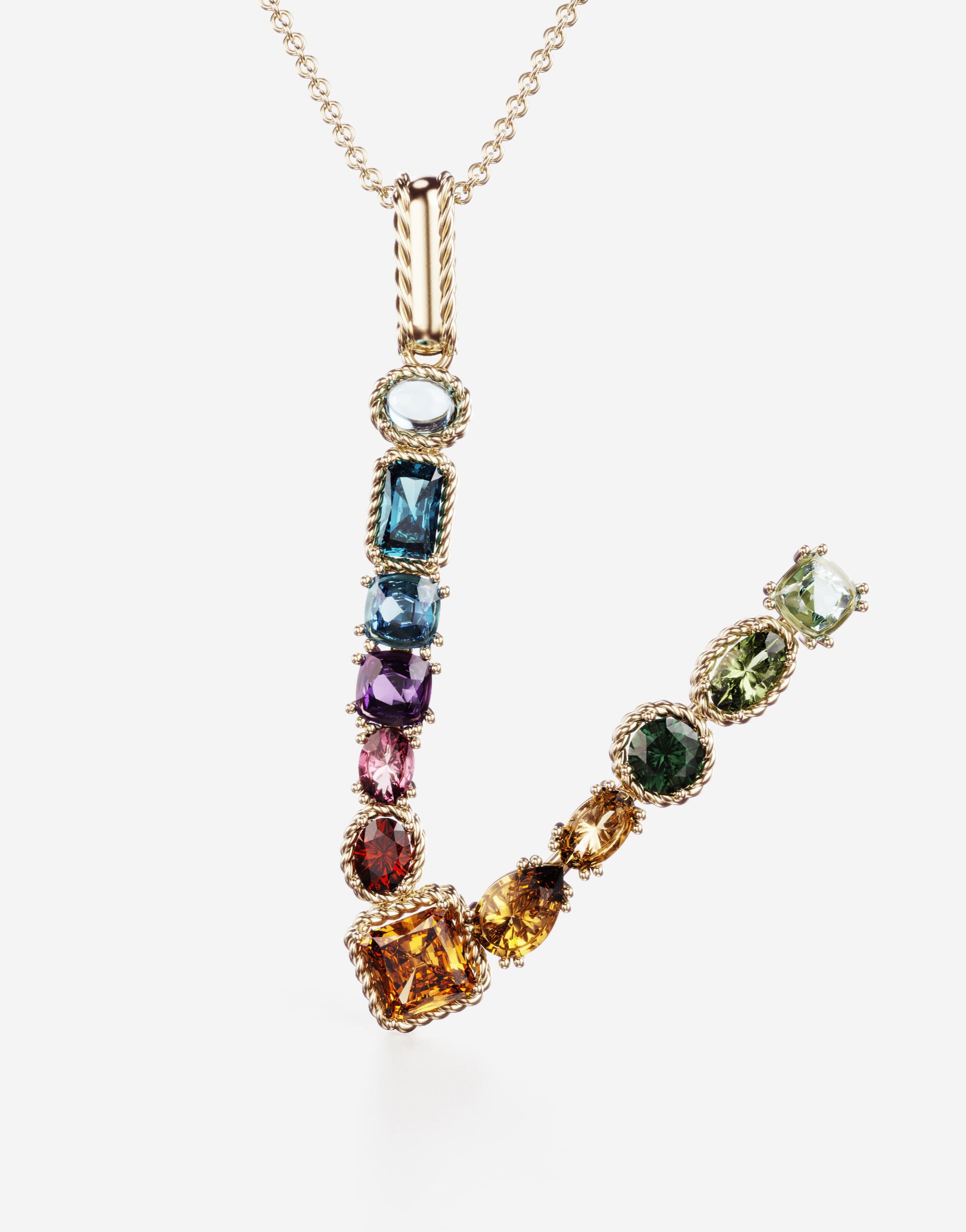 Rainbow alphabet V pendant in yellow gold with multicolor fine gems - 2