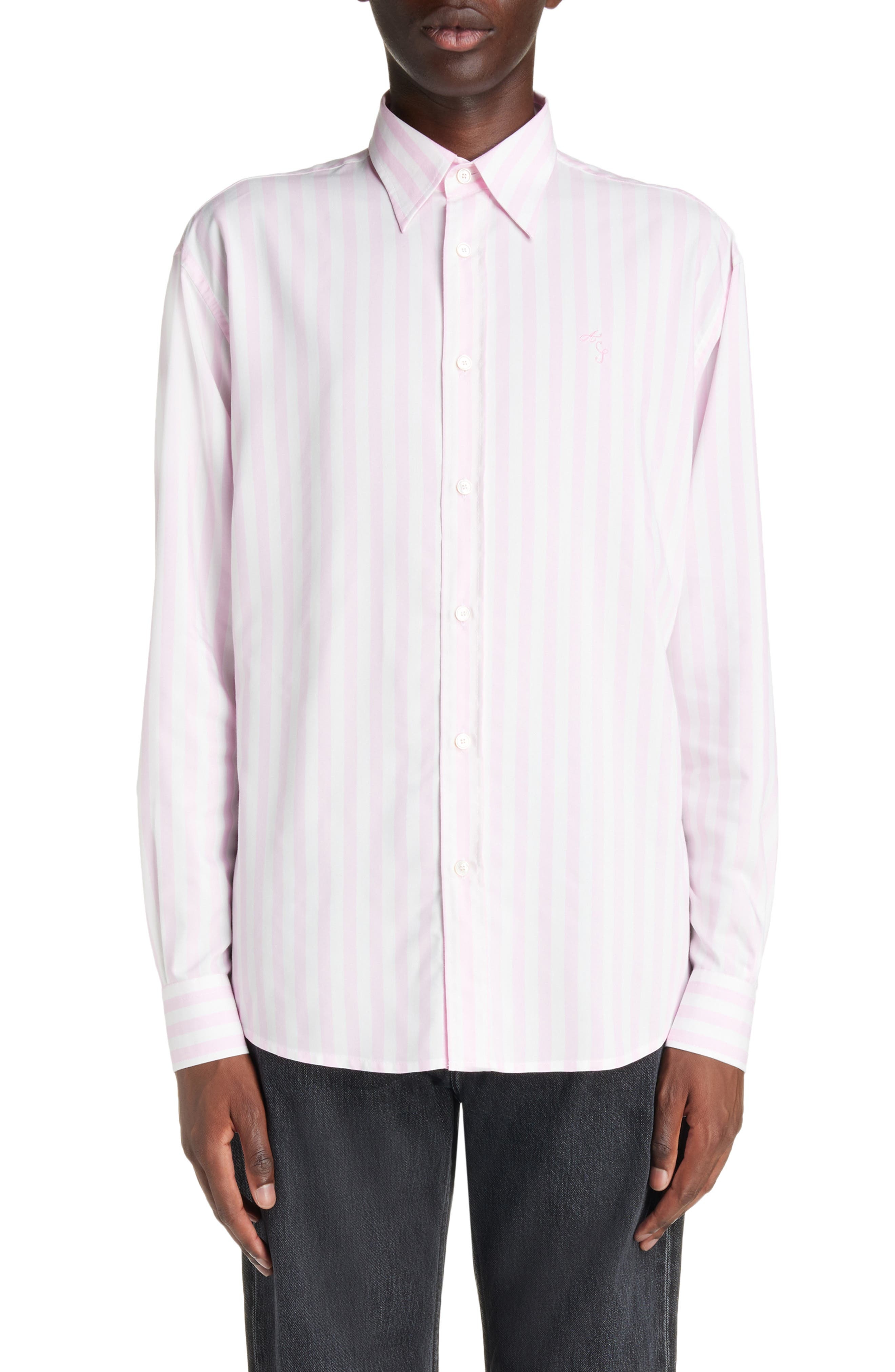 Acne Studios Embroidered Logo Stripe Button-Up Shirt in Pink/White at Nordstrom - 1