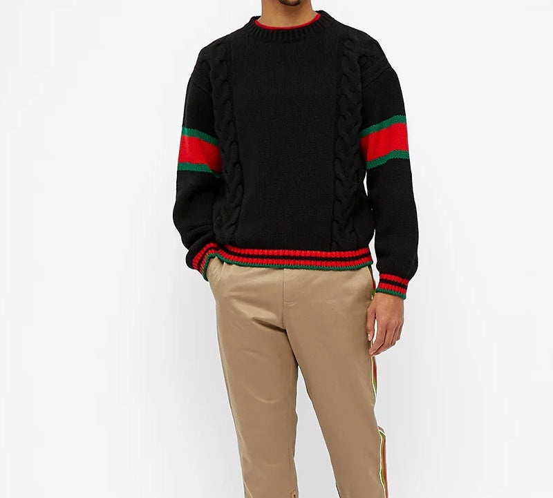 Gucci Chucky Grg Long-Sleeved Sweater With Striped Round Neck At Hem Cuffs For Men Black 548115-X156 - 3