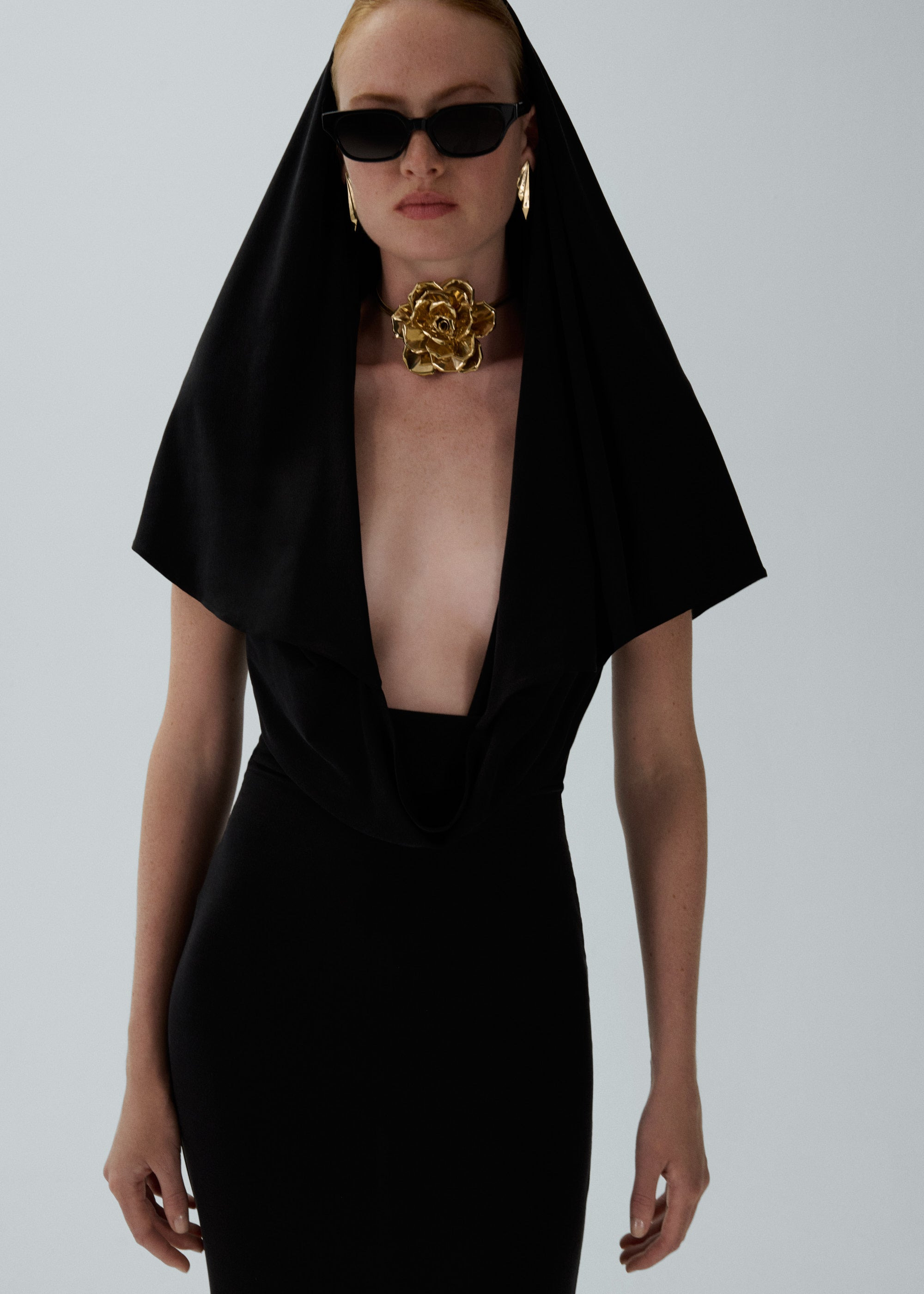 Hooded plunge maxi dress in black - 3
