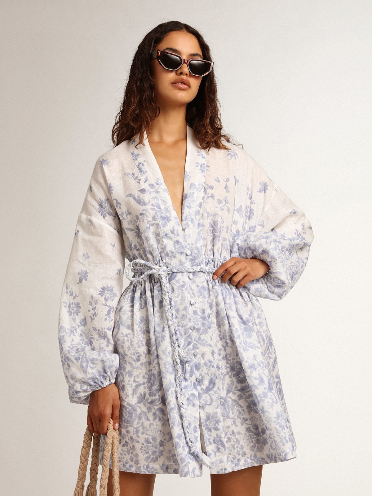Resort Collection Mini Dress in linen with Mediterranean blue print - 2
