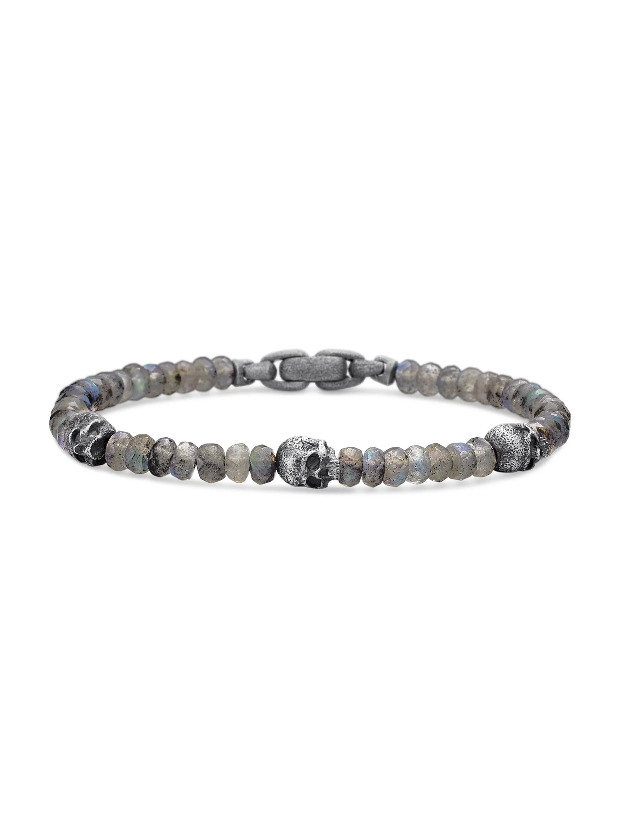 Men's Memento Mori Skull Station Bracelet in Sterling Silver - Labradorite - 1