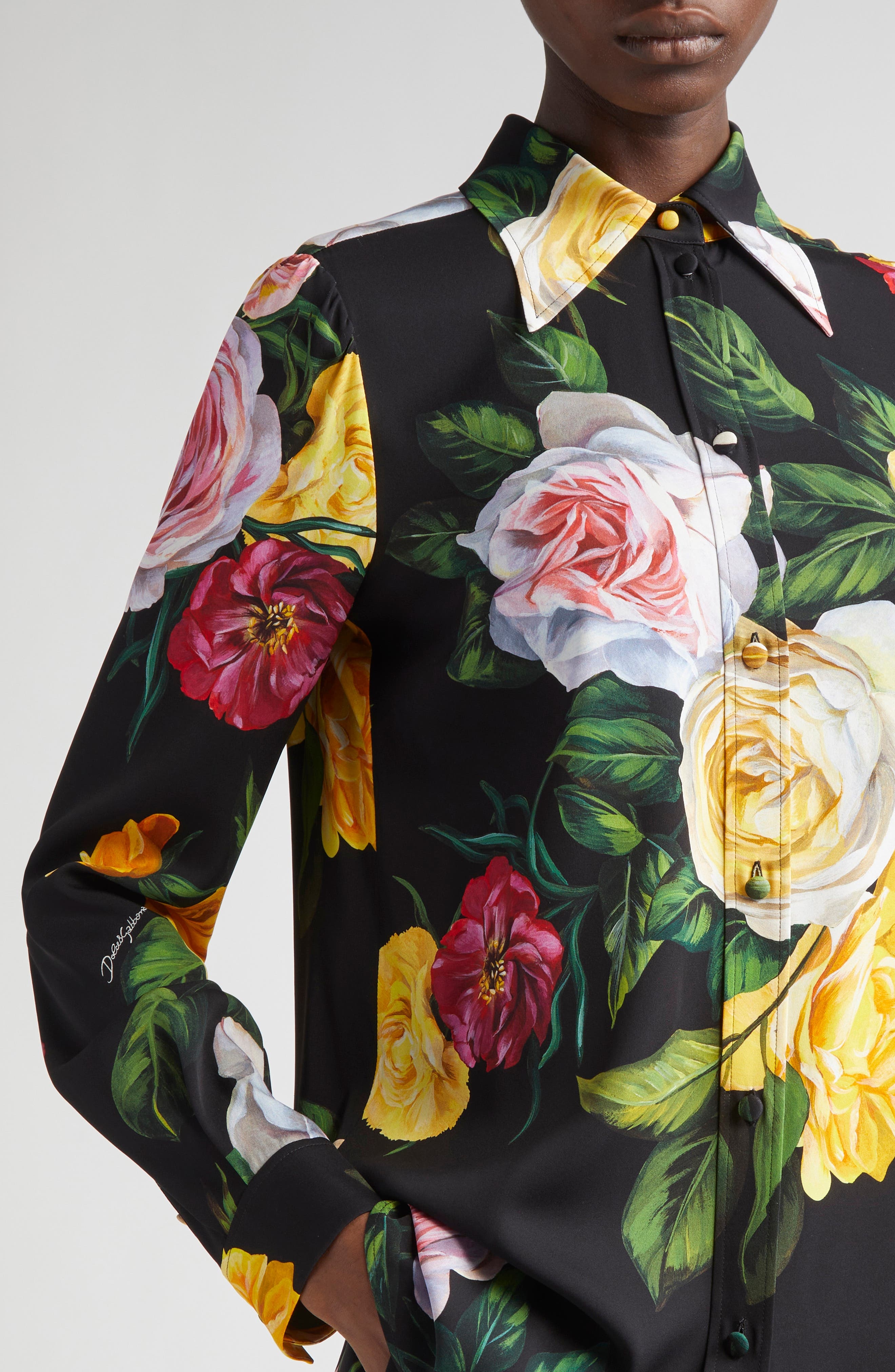 Dolce&Gabbana Peony & Rose Floral Charmeuse Button-Up Shirt in Peonie/Rose F.nero at Nordstrom - 5