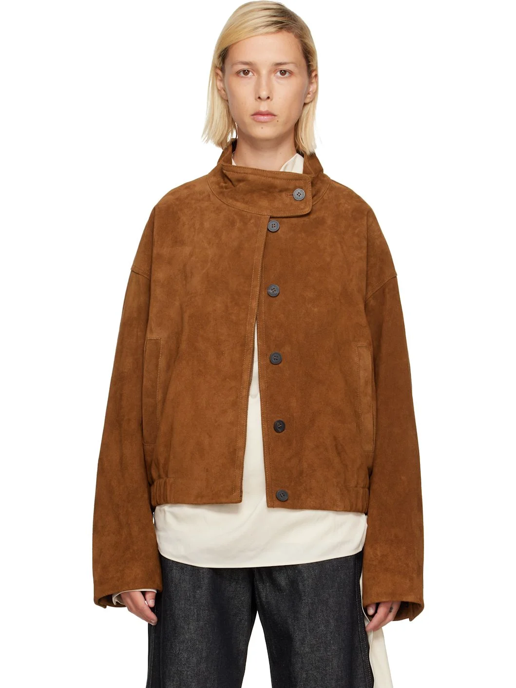 Tan Funnel Neck Suede Jacket - 1