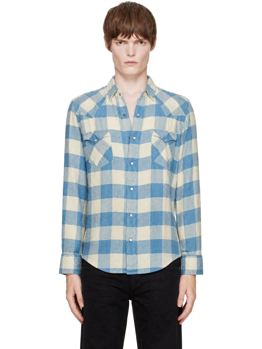 Blue Slim Fit Indigo Plaid Western Shirt - 1
