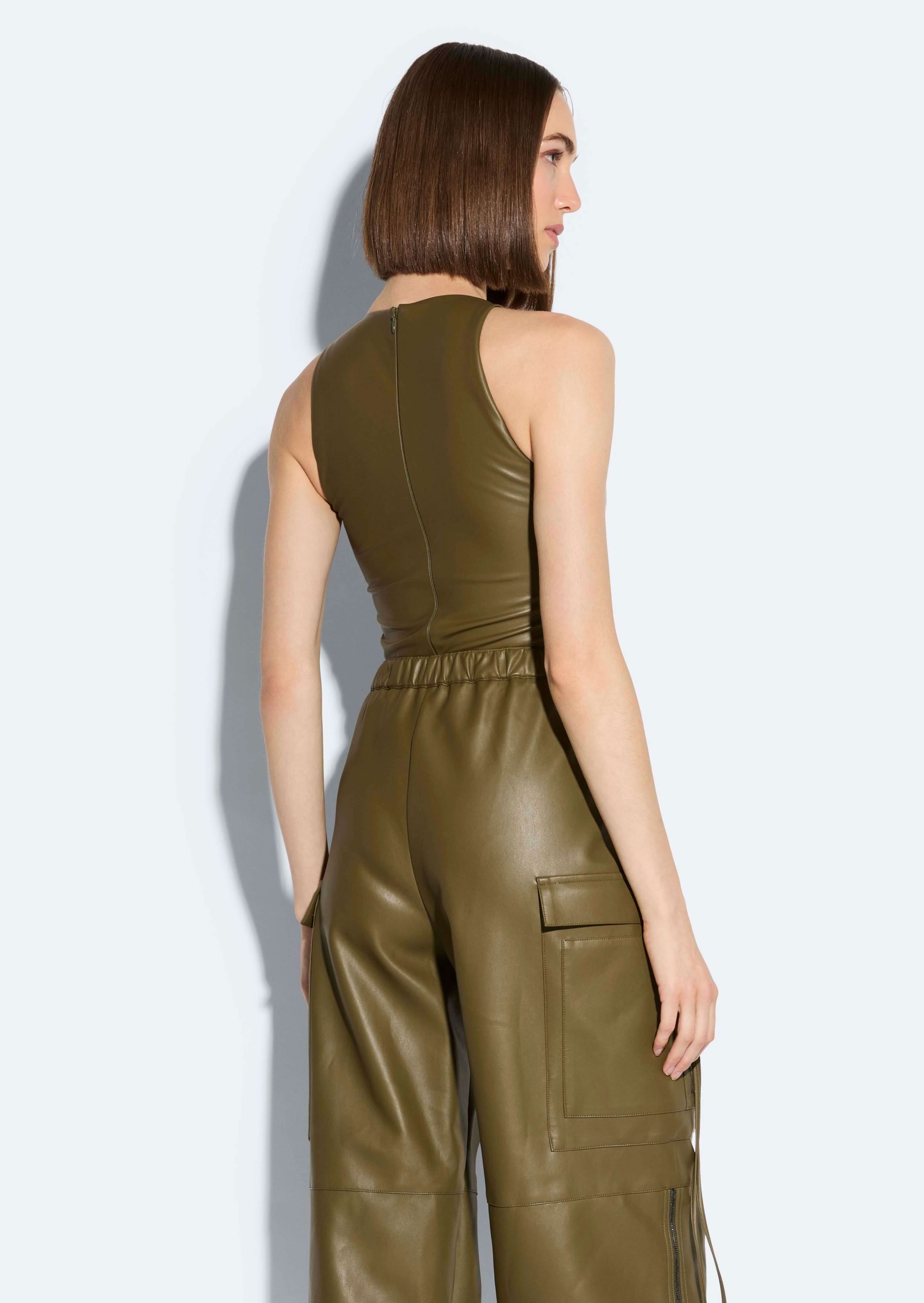 Faux Leather Scoop Neck Bodysuit - 3