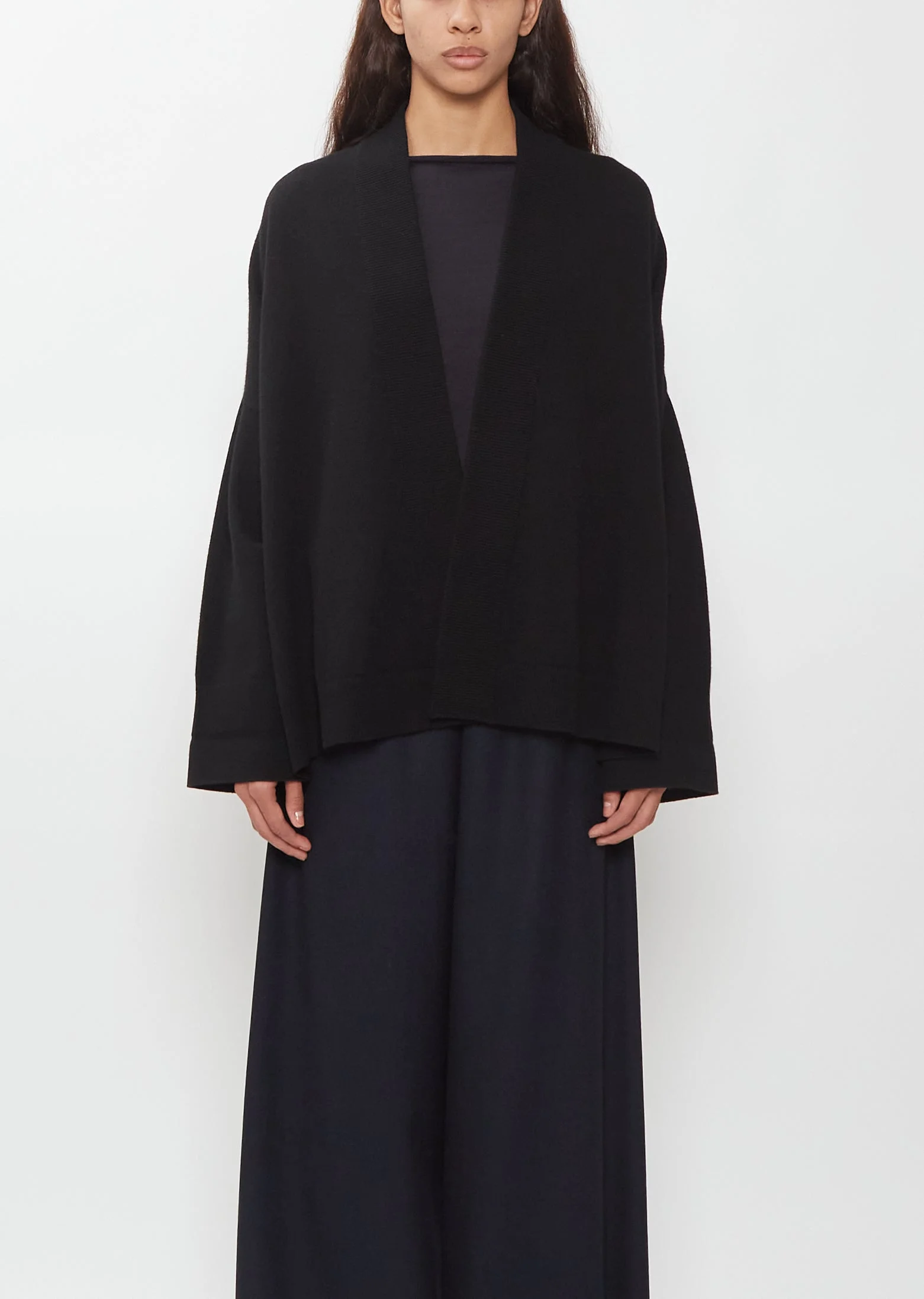 Cashmere Ribbed Trim Cardigan — Black - 1