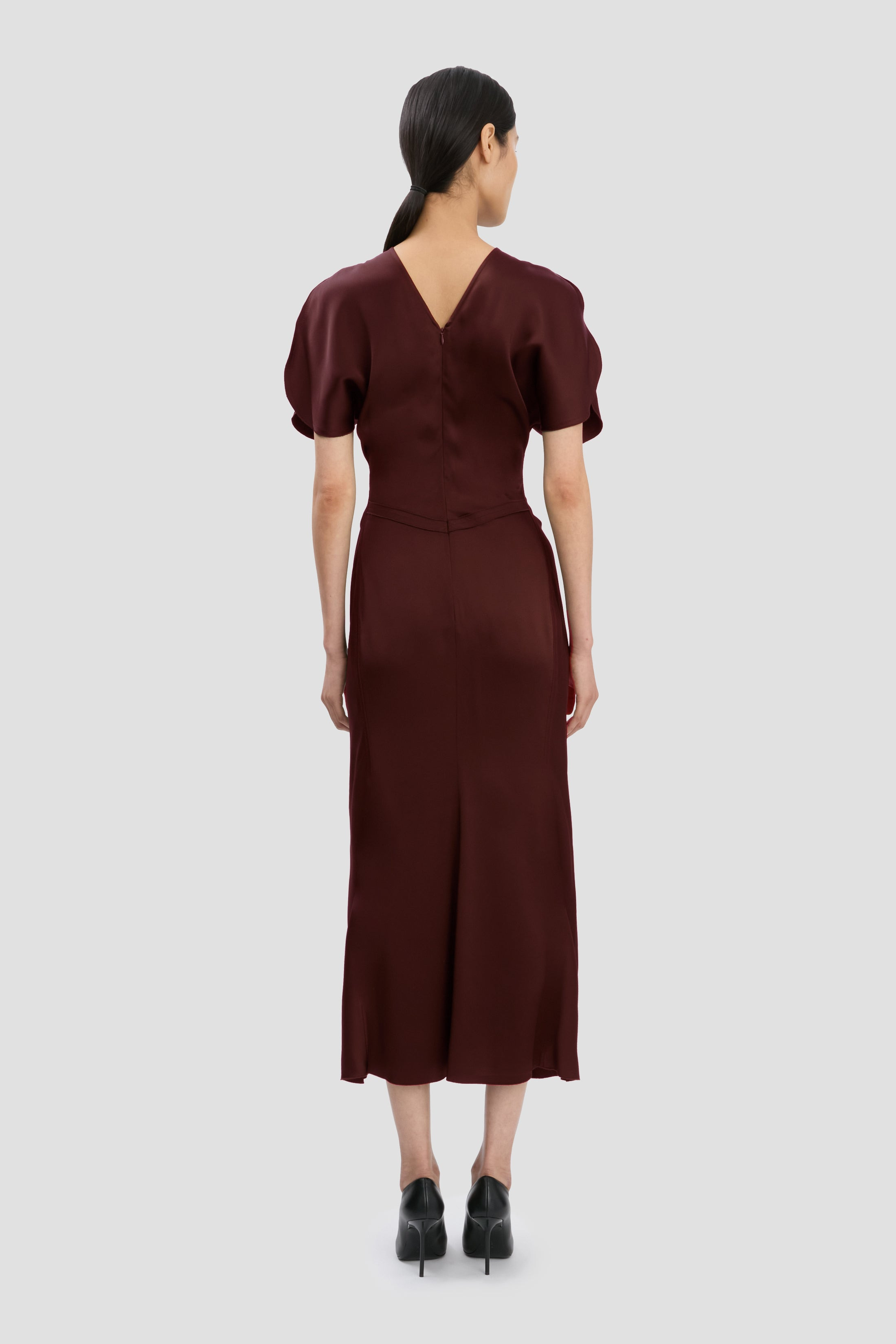 Gathered Waist Midi Dress In Merlot - 4