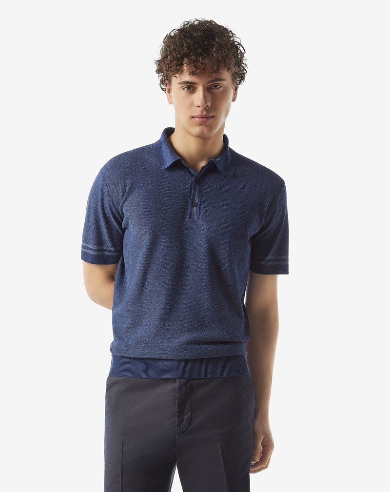 CORNELIANI Denim blue linen and silk polo shirt with buttons outlook