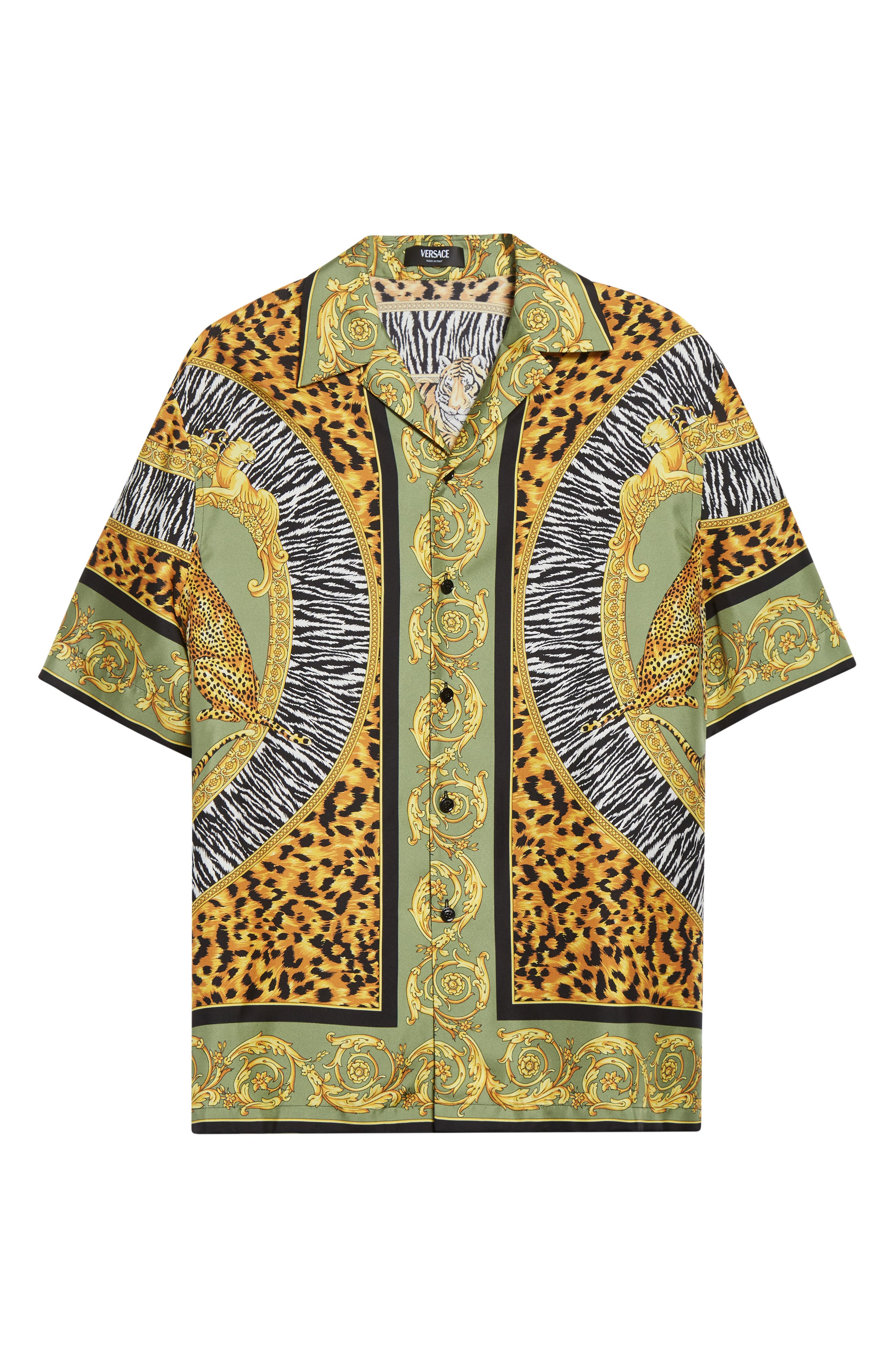Versace Wild Cats Silk Camp Shirt in Green Black at Nordstrom - 5
