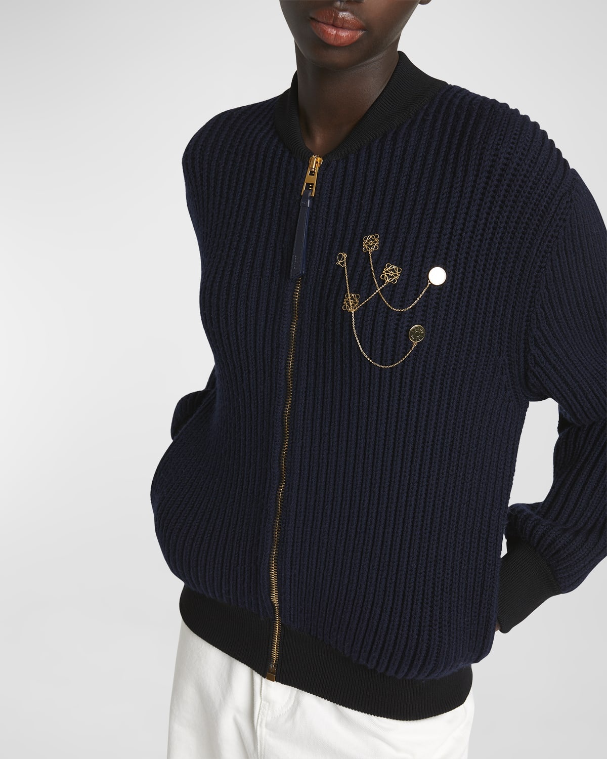 Logo Pin Ribbed Zip Wool Cardigan - 7