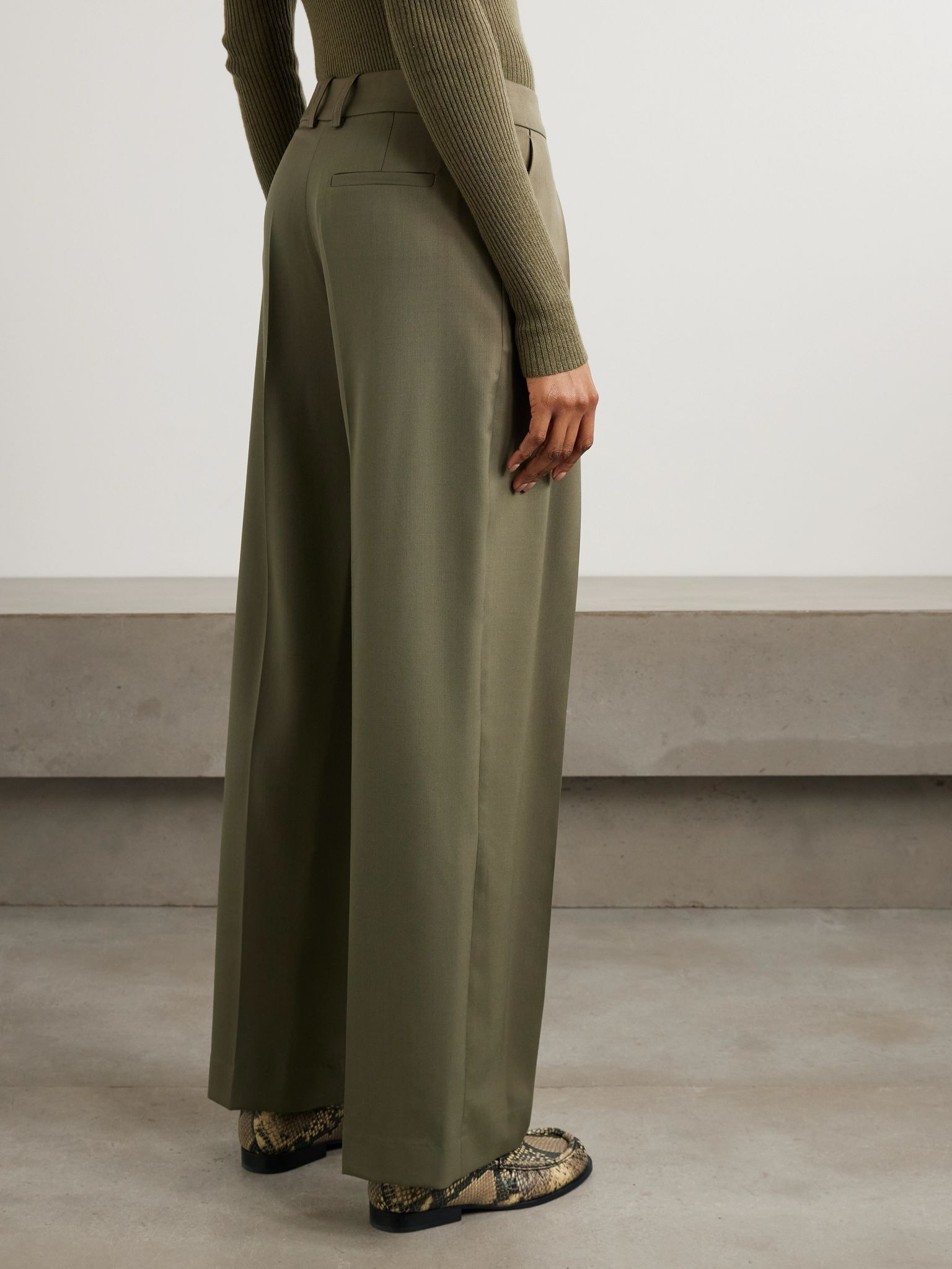 Daytona pleated grain de poudre wide-leg pants Army green - 3
