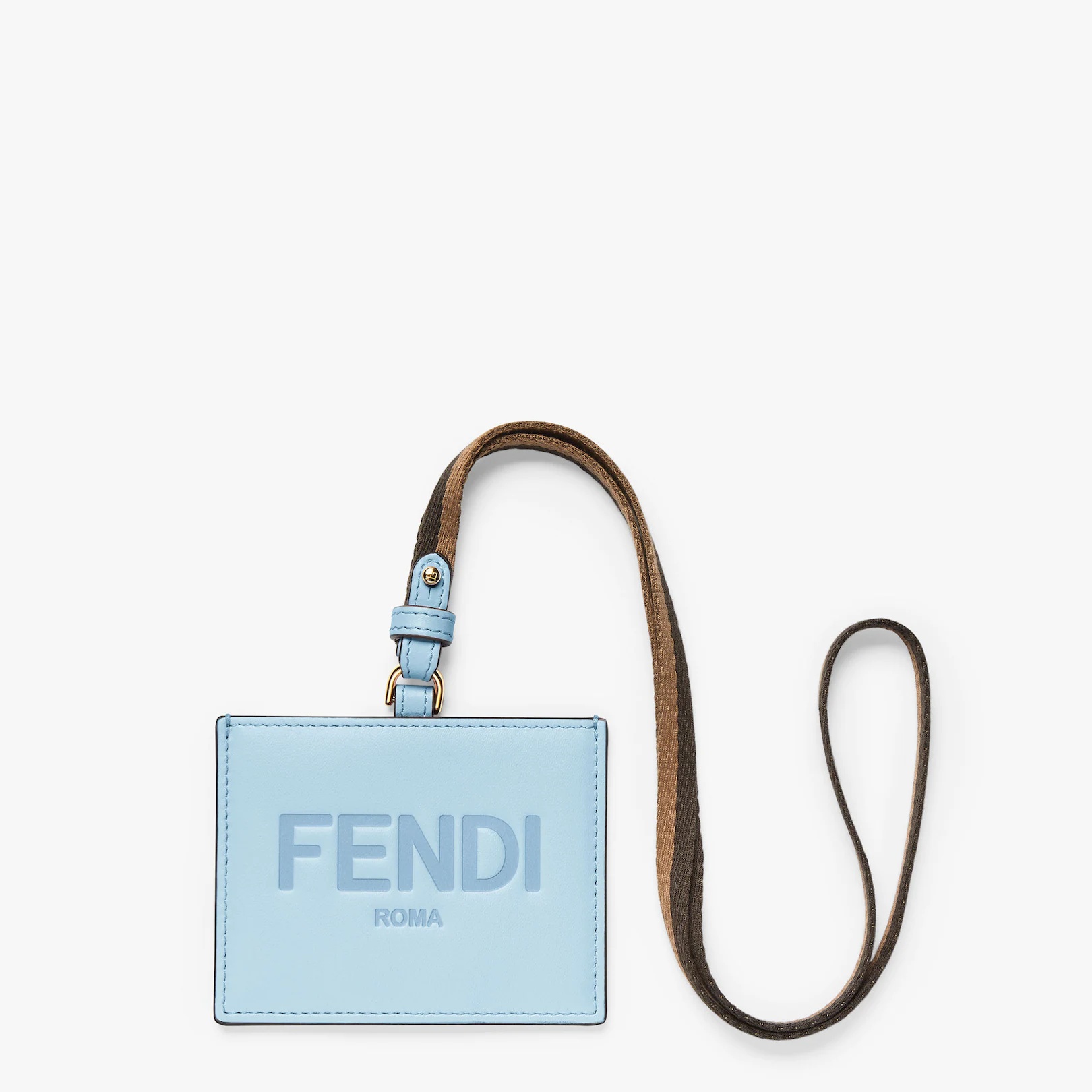 Fendi Roma name badge with a flat pocket and Pequin ribbon strap. Made of light blue leather. Embell - 1