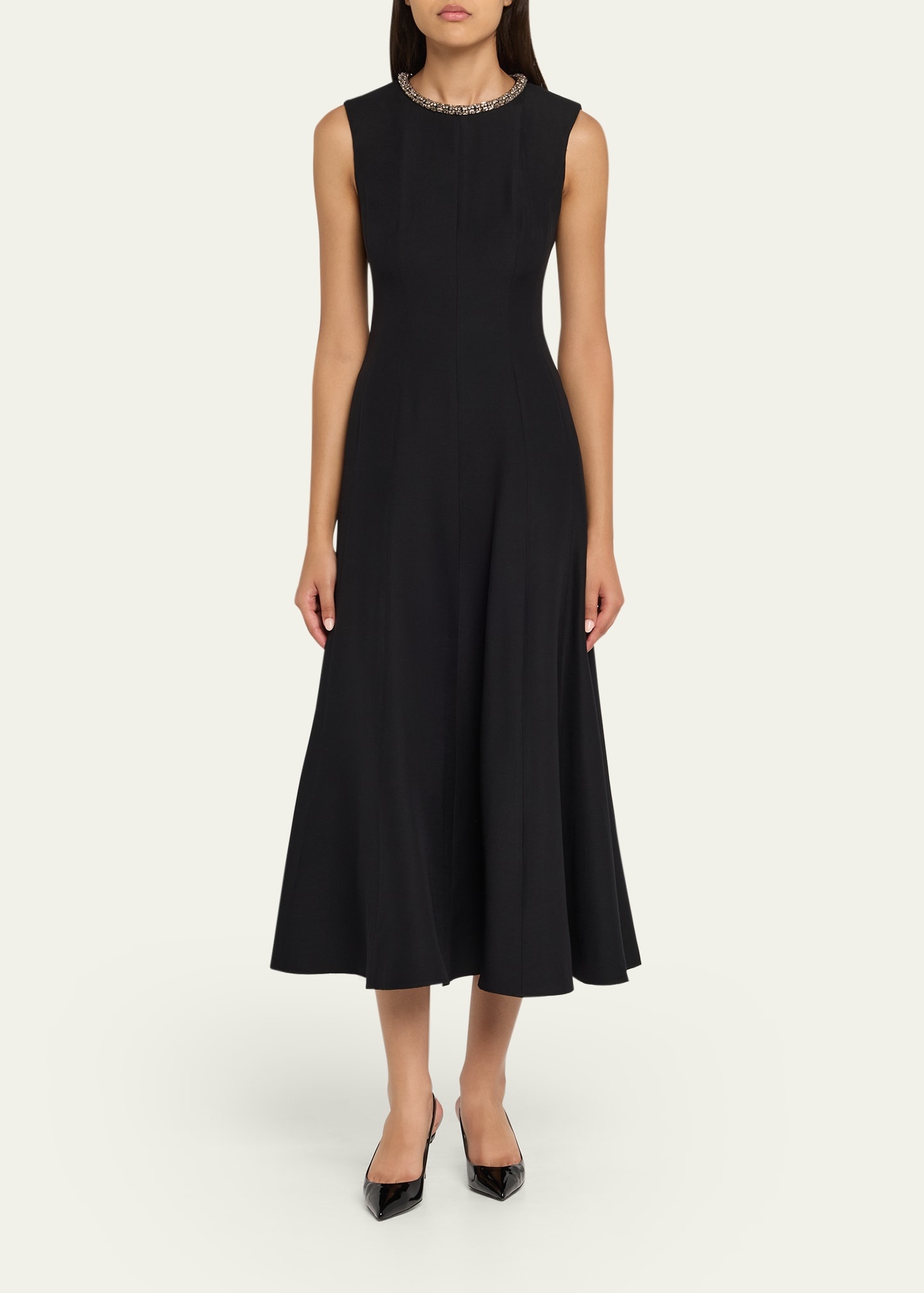 Fit-and-Flare Wool Silk Dress with Diamante Neck - 2