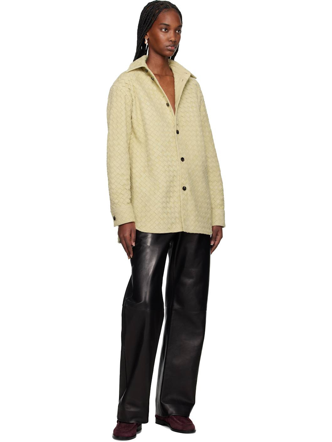 Beige Intrecciato Relaxed Leather Shirt - 4