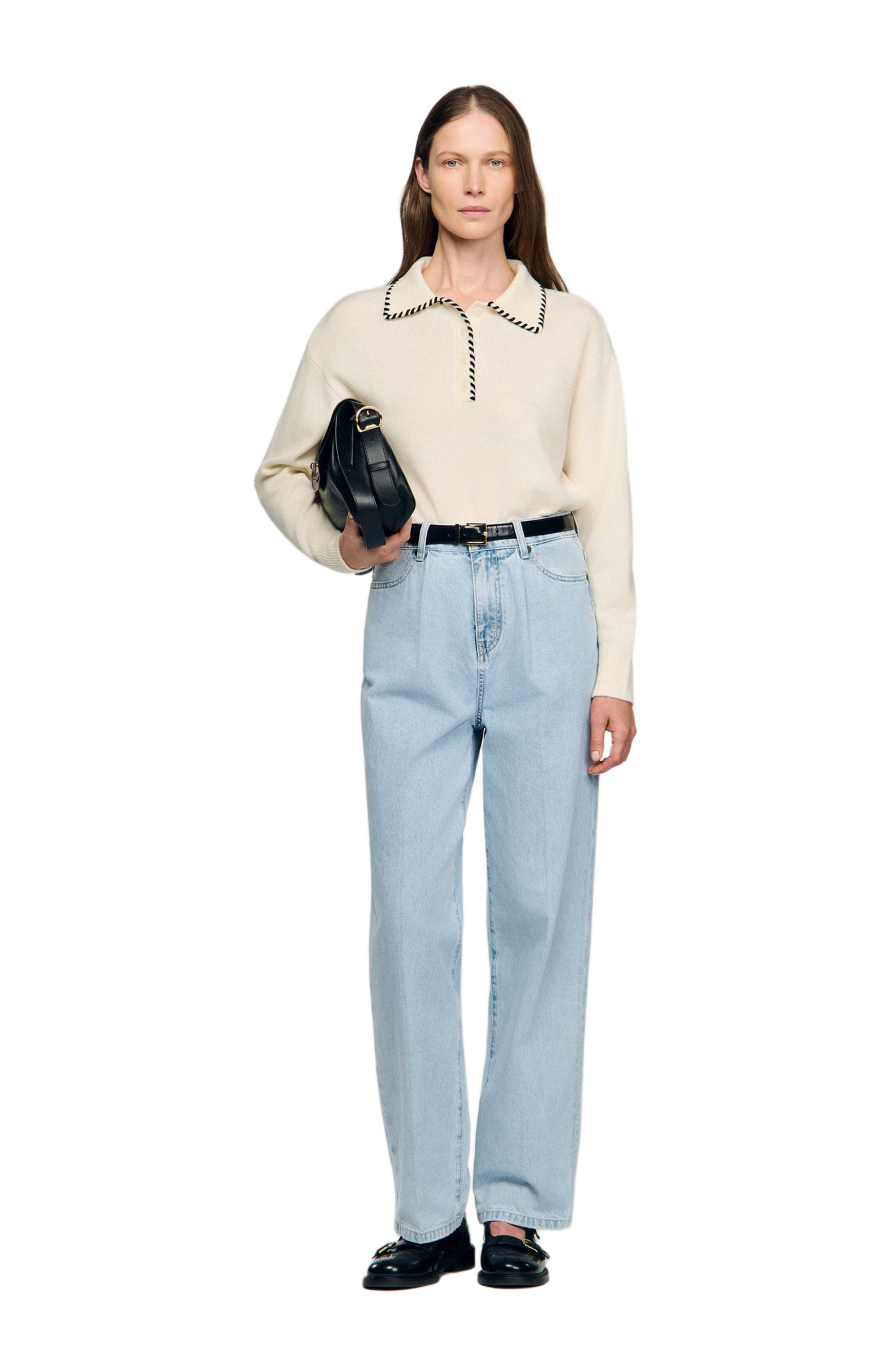 SANDRO Contrast polo-neck knit sweater in Ecru /Black at Nordstrom - 6
