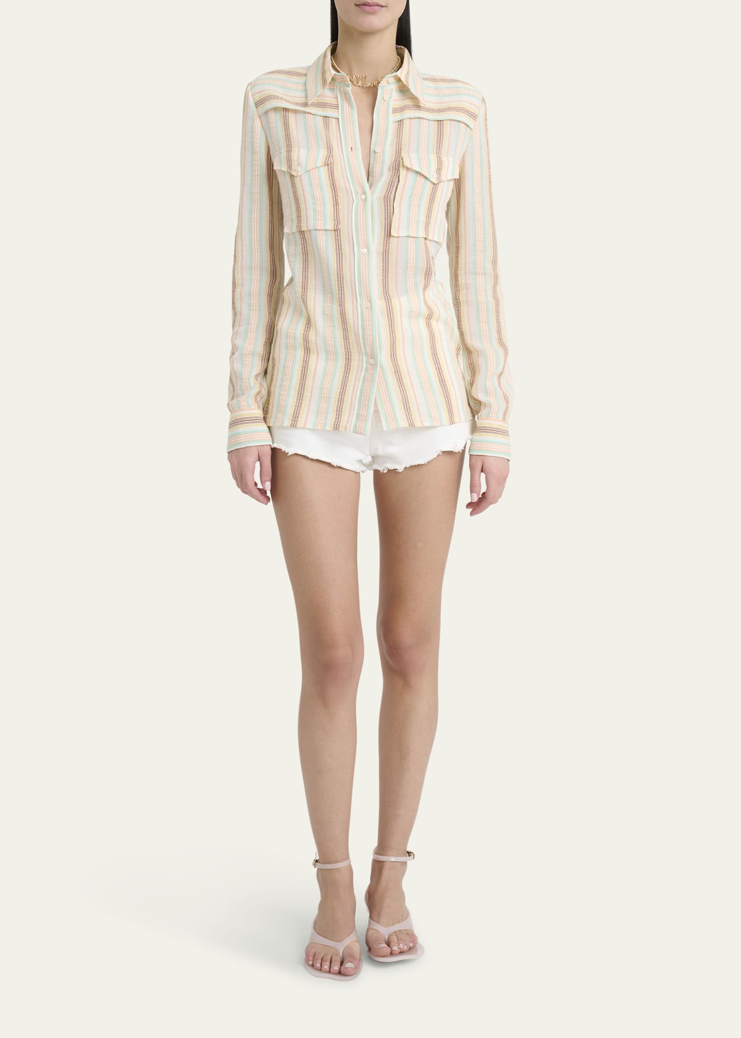 Button-Down Striped Crepon Cotton Blouse - 2