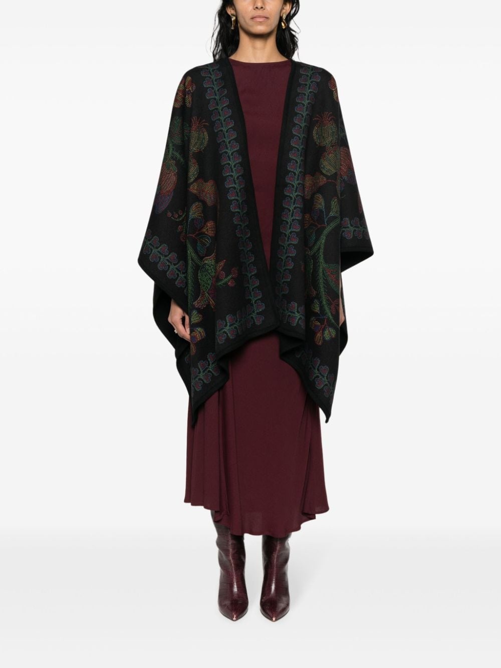 botanical-print wool poncho - 2