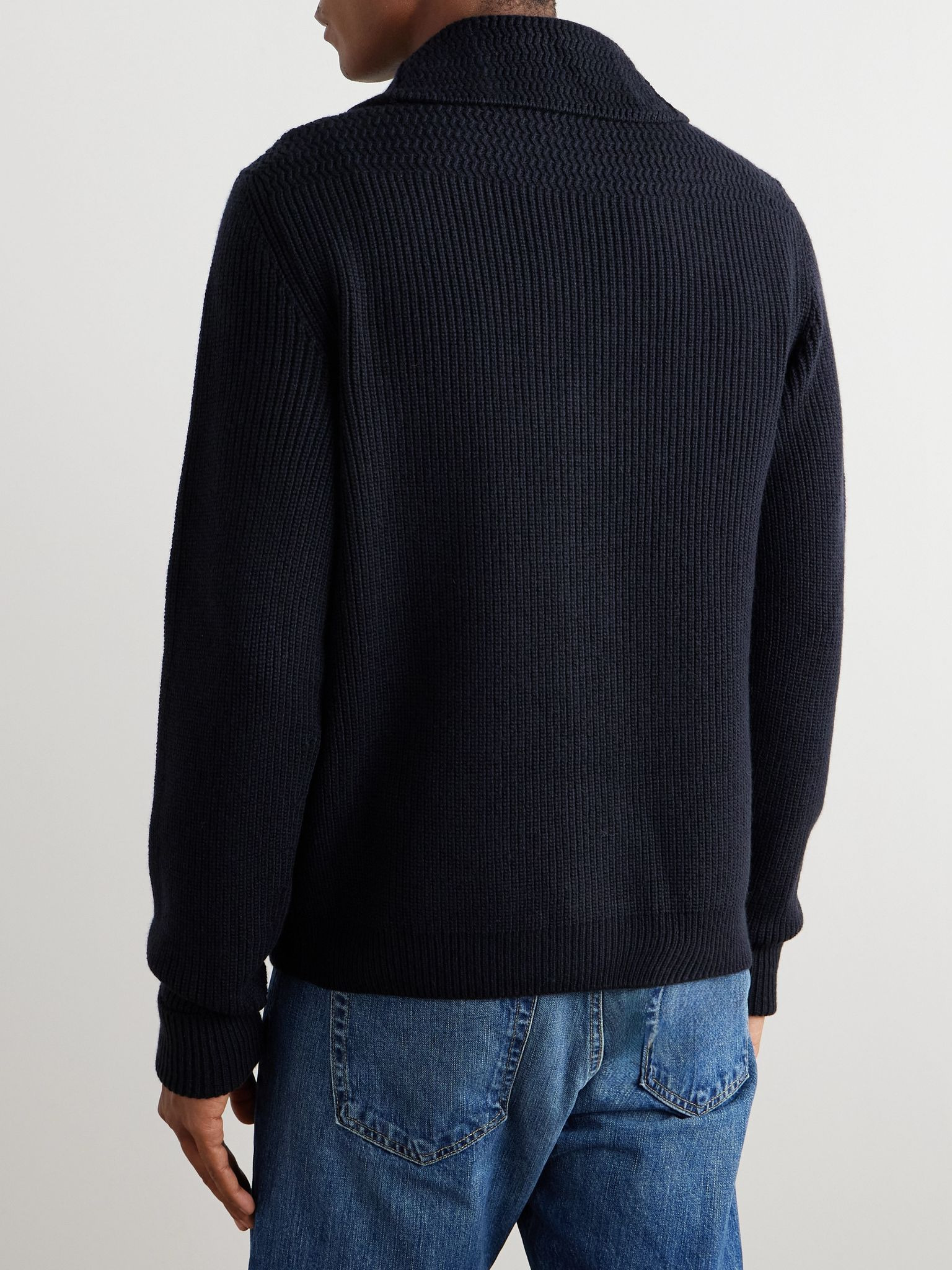Slim-Fit Shawl-Collar Ribbed Cashmere Cardigan Blue - 4