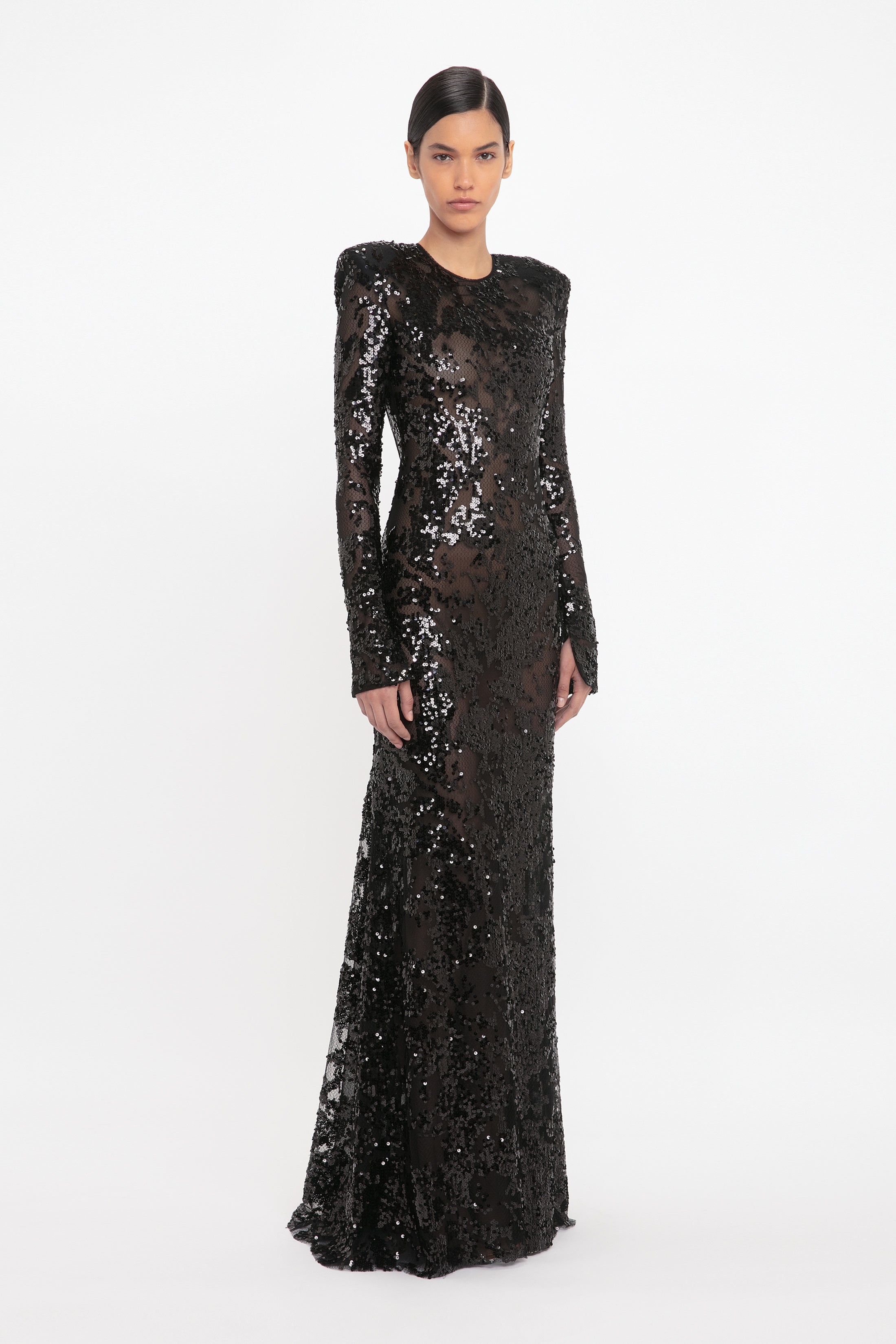 Long Sleeve Backless Sequin Gown In Black - 3