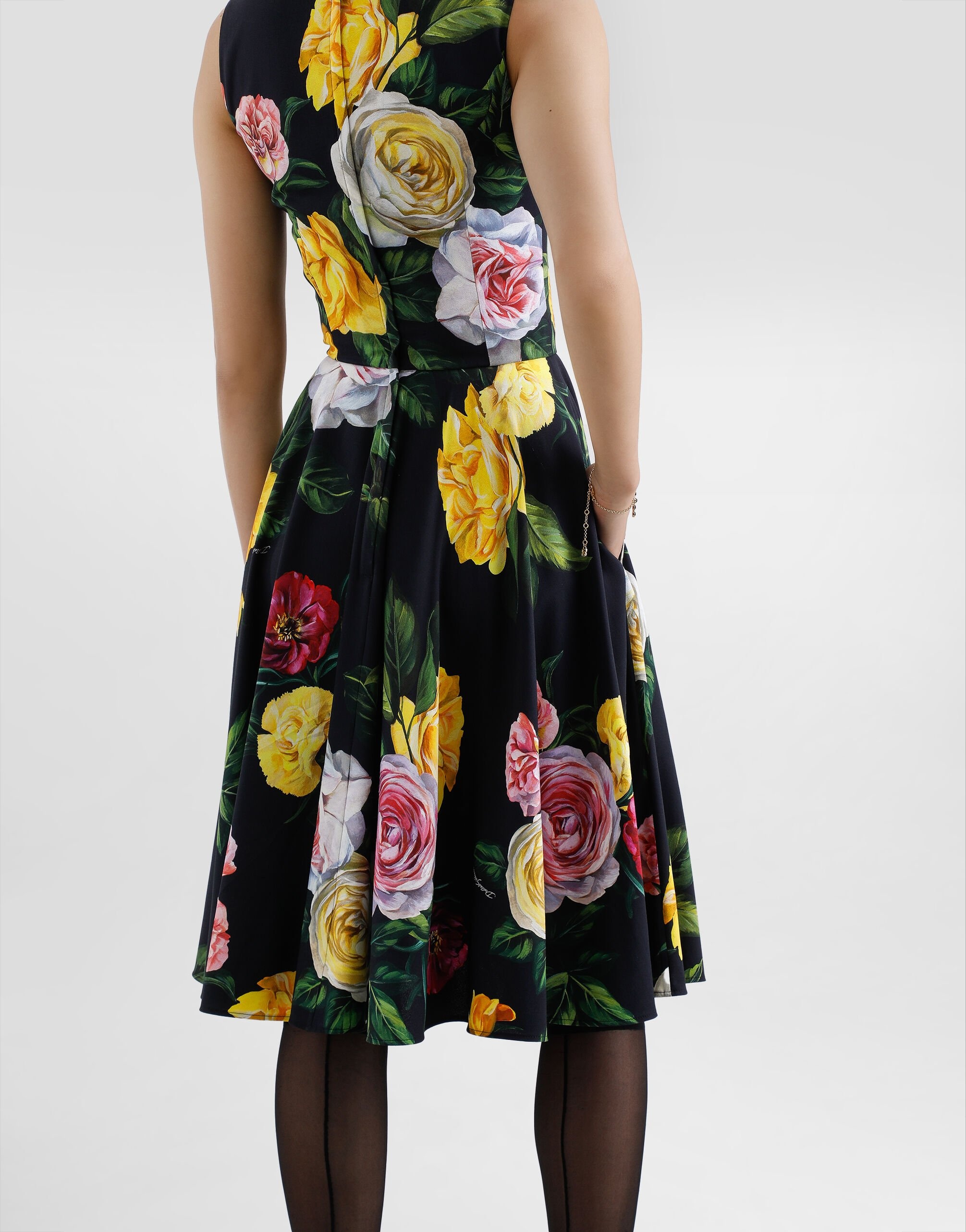 Peony and rose-print cady calf-length dress with circle skirt - 6