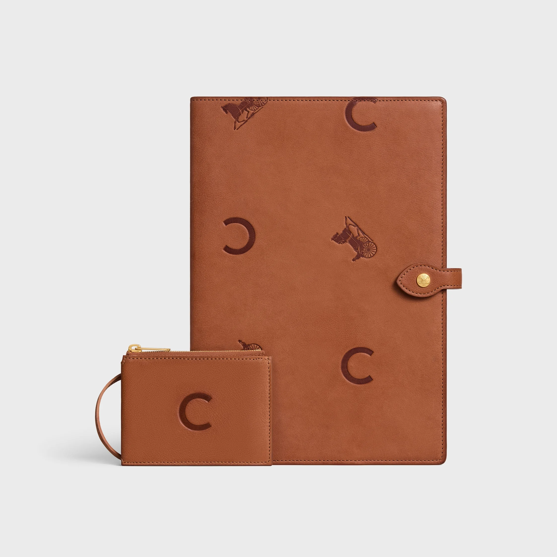 LARGE NOTEBOOK COVER WITH POUCH IN STAMPED NATURAL CALFSKIN - 1