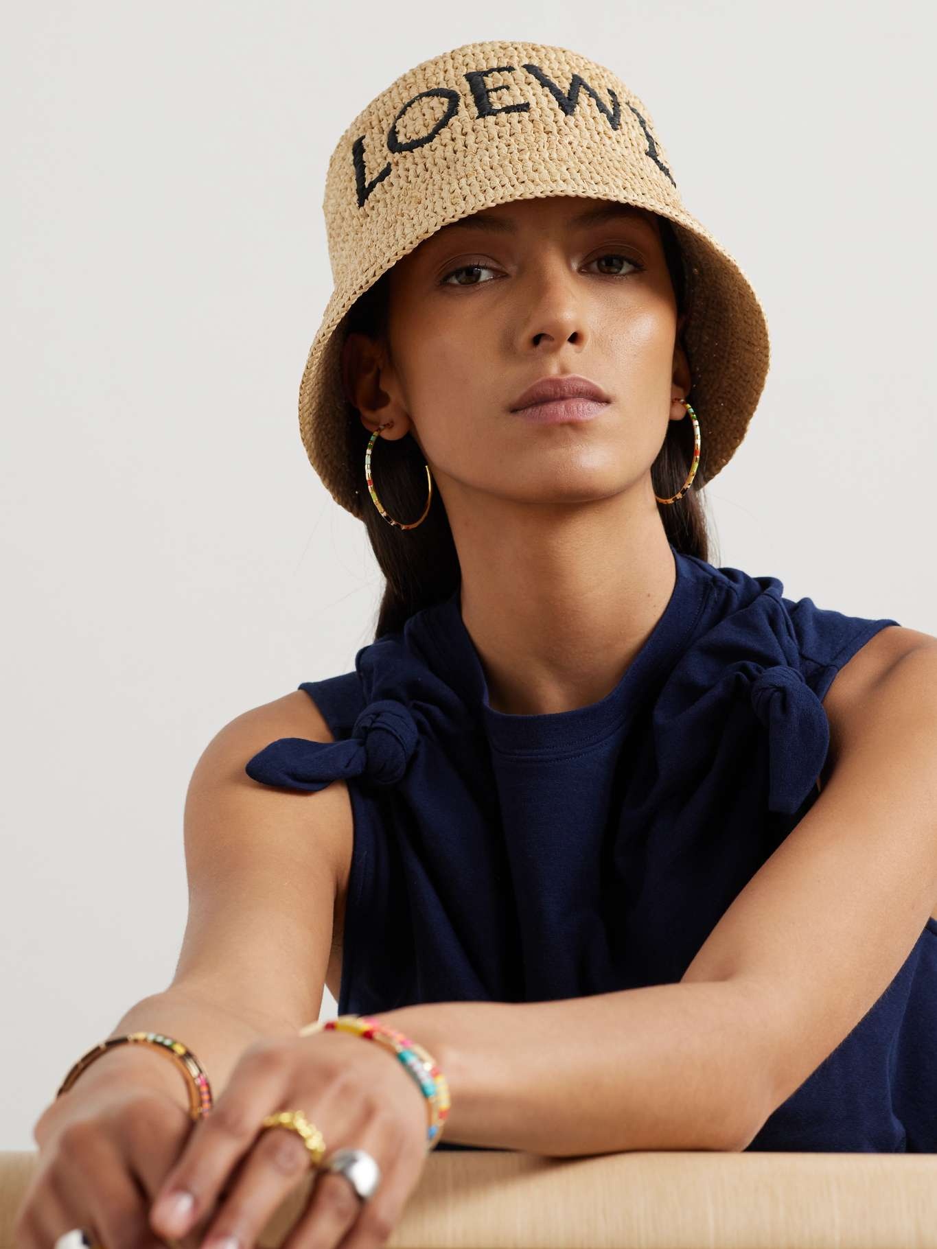 Loewe + Paula's Ibiza logo-embroidered raffia-blend bucket
