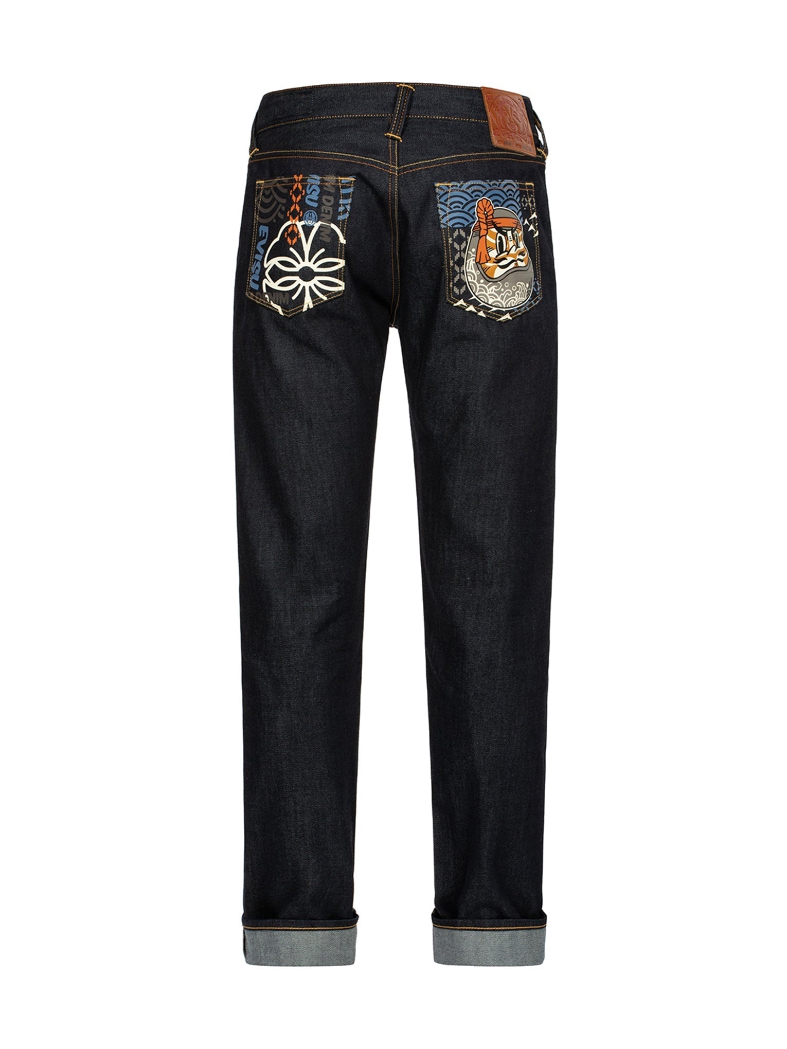 Fair Isle Pattern and Kumadori Daruma Print Slim Fit Denim Jeans #2010 - 13