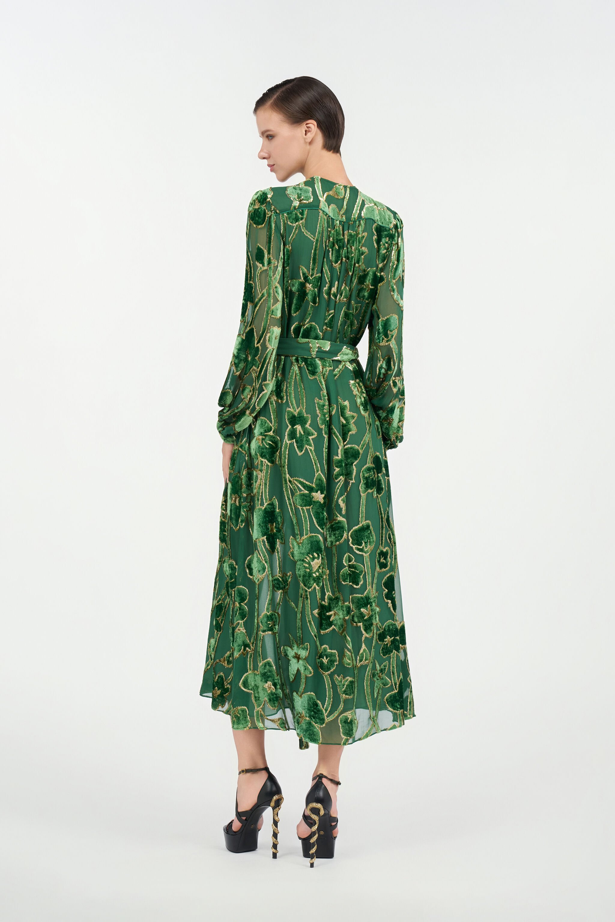 Green Velvet Devoré Midi Dress - 4