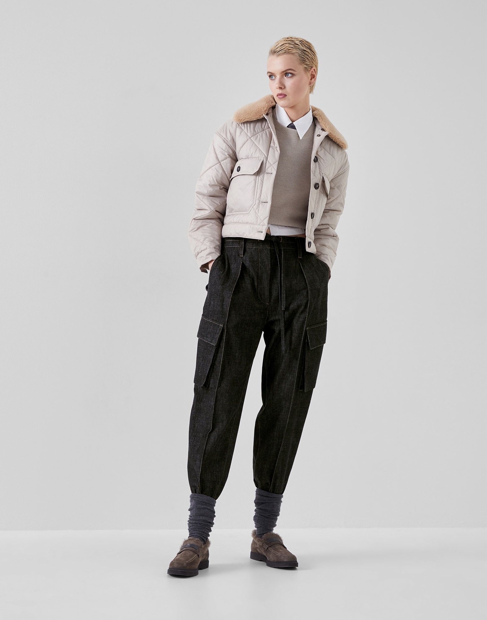 Dark polished denim baggy utility trousers with drawstring and shiny tab - 4