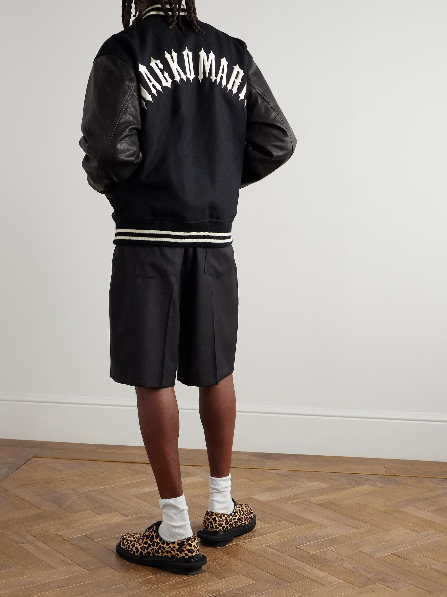 Leather-Panelled Striped Appliquéd Wool-Blend Varsity Jacket Black - 2