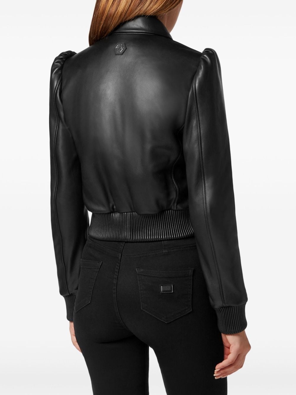 logo-plaque leather bomber jacket - 3