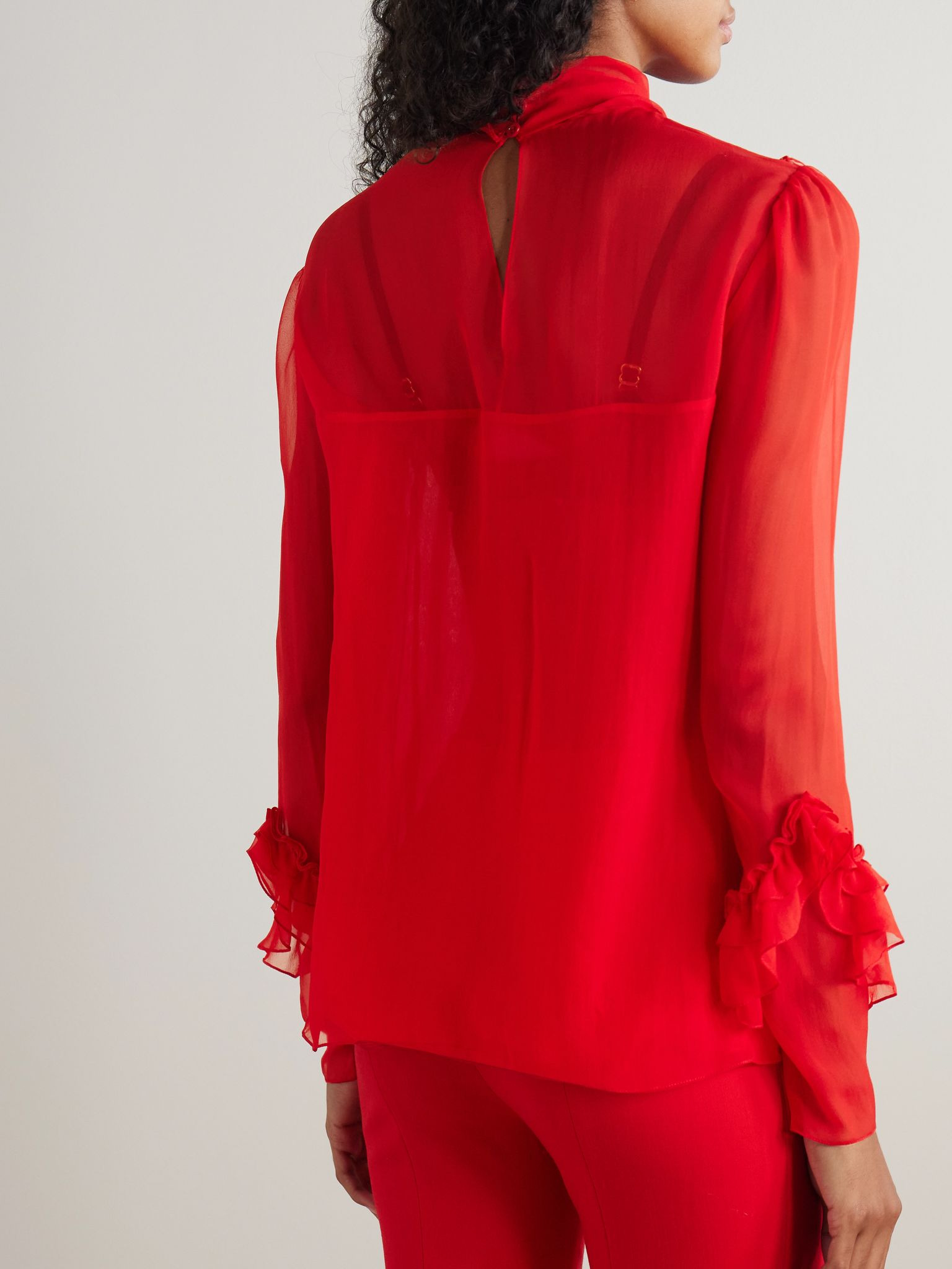 Tie-neck ruffled silk-chiffon blouse Red - 4