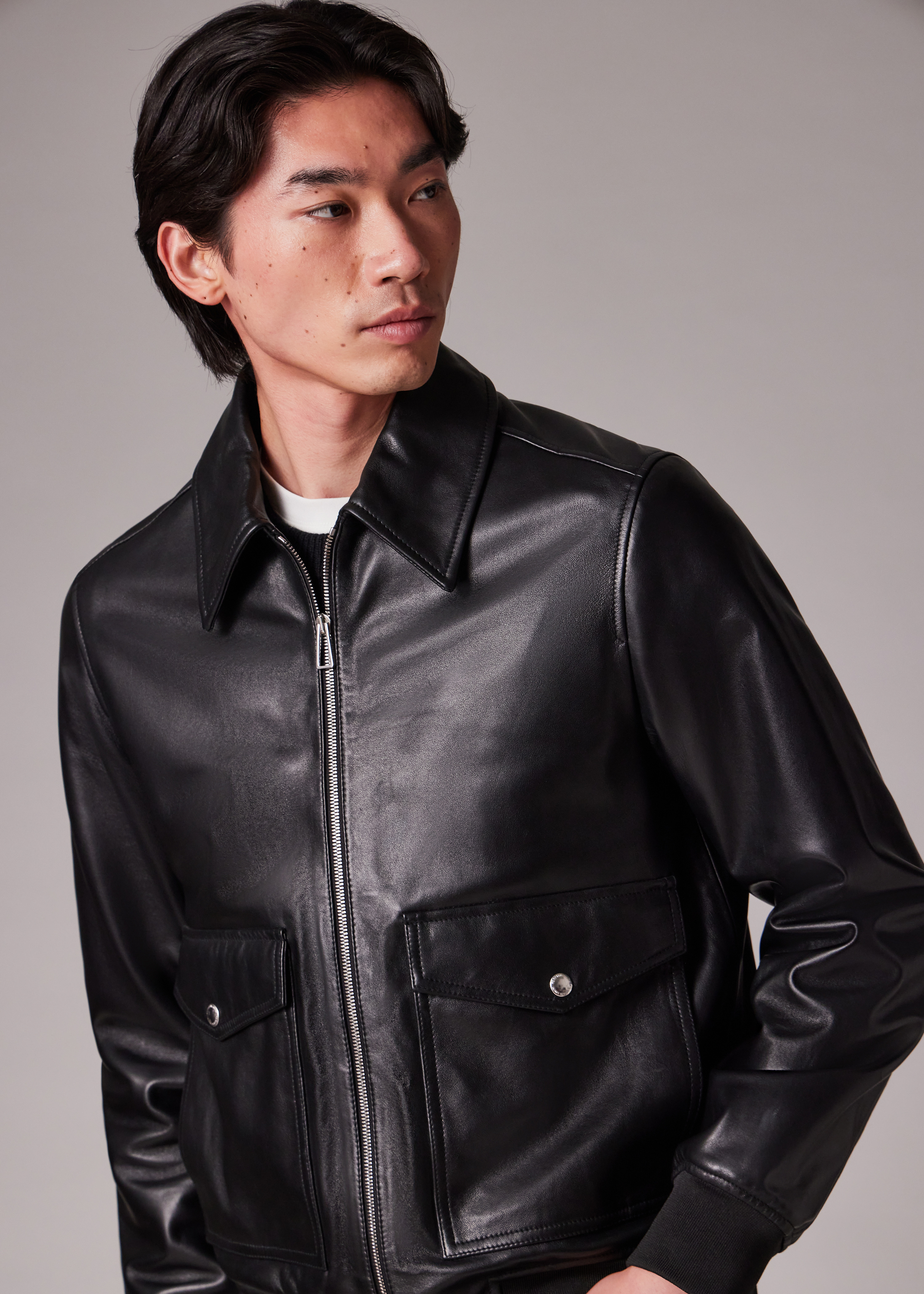 Black Leather Patch-Pocket Jacket - 8