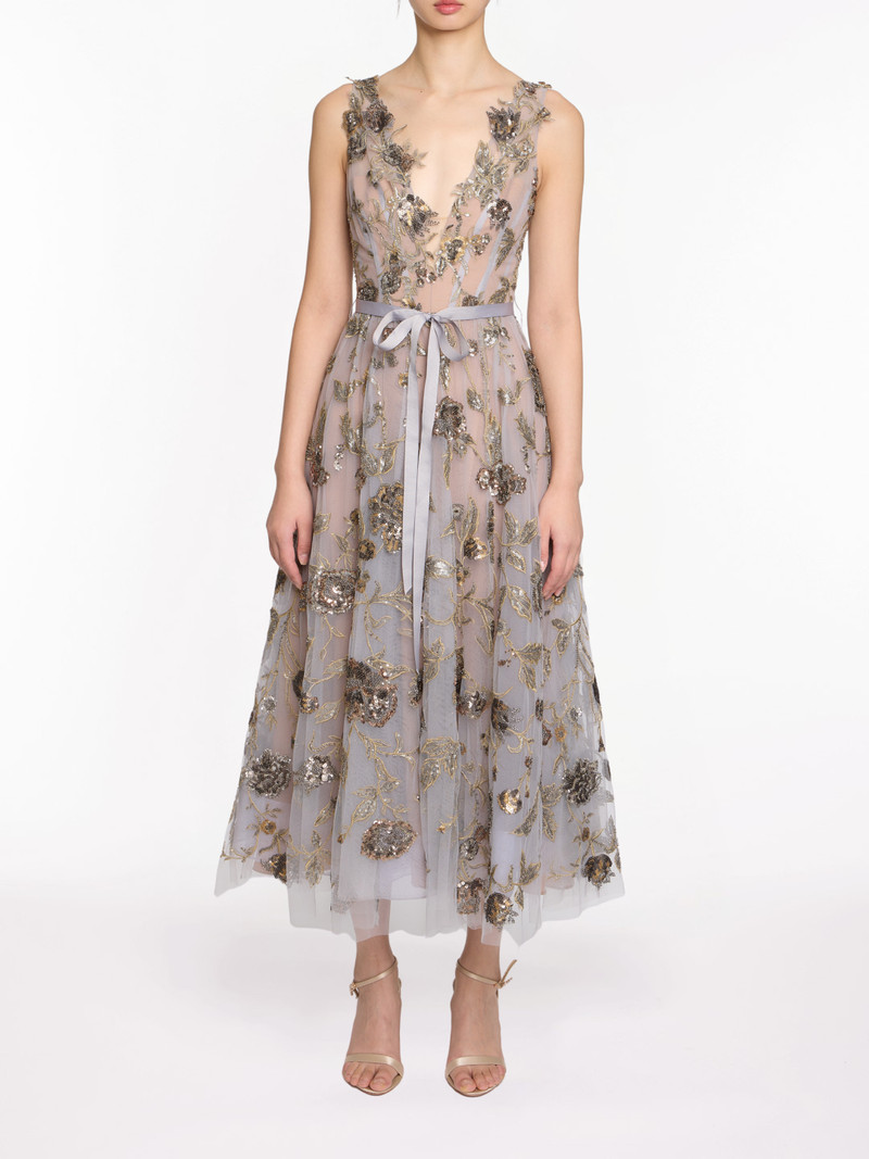 SLEEVELESS EMBROIDERED TULLE MIDI DRESS 1