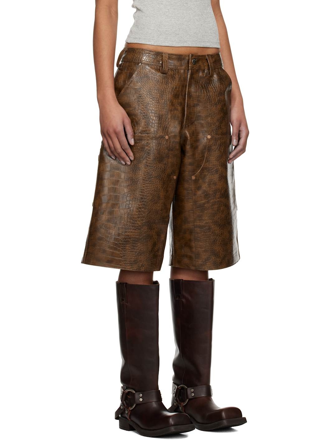 Brown Double Knee Faux-Leather Shorts - 2