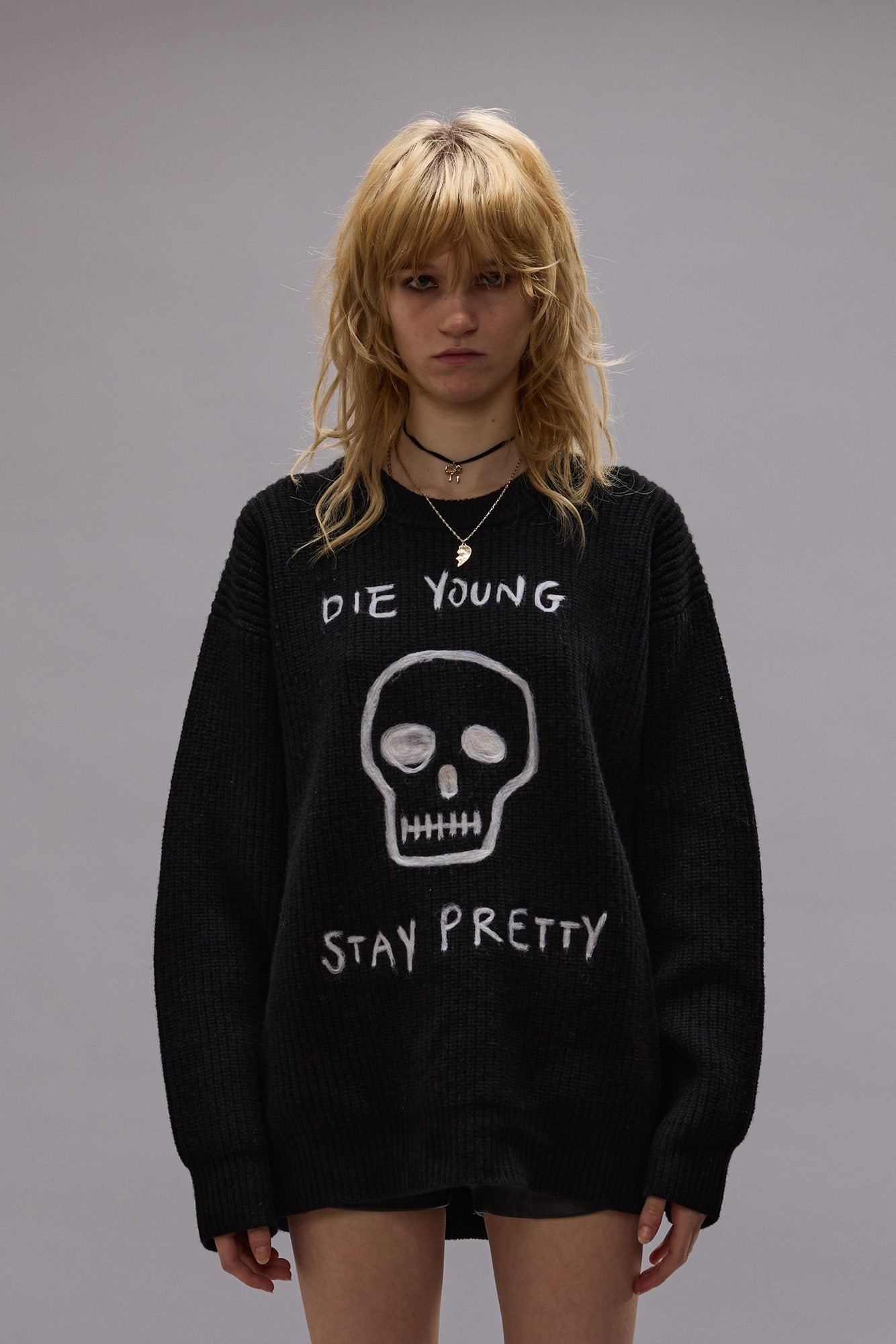 DIE YOUNG BOYFRIEND SWEATER - BLACK WITH NEEDLE PUNCHED GRAPHIC -R13 - 3