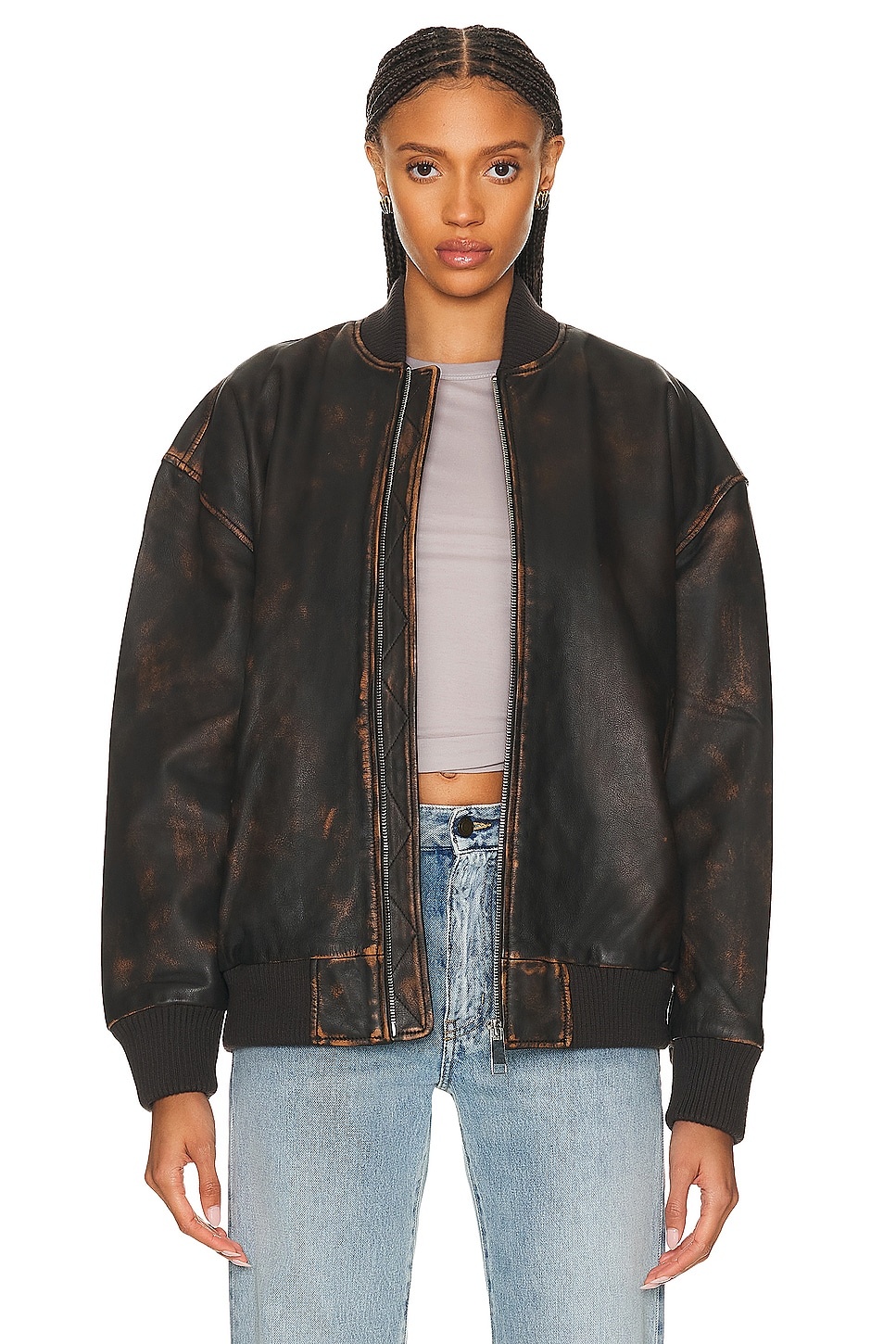 Distressed Leather Oversized Bomber - 1