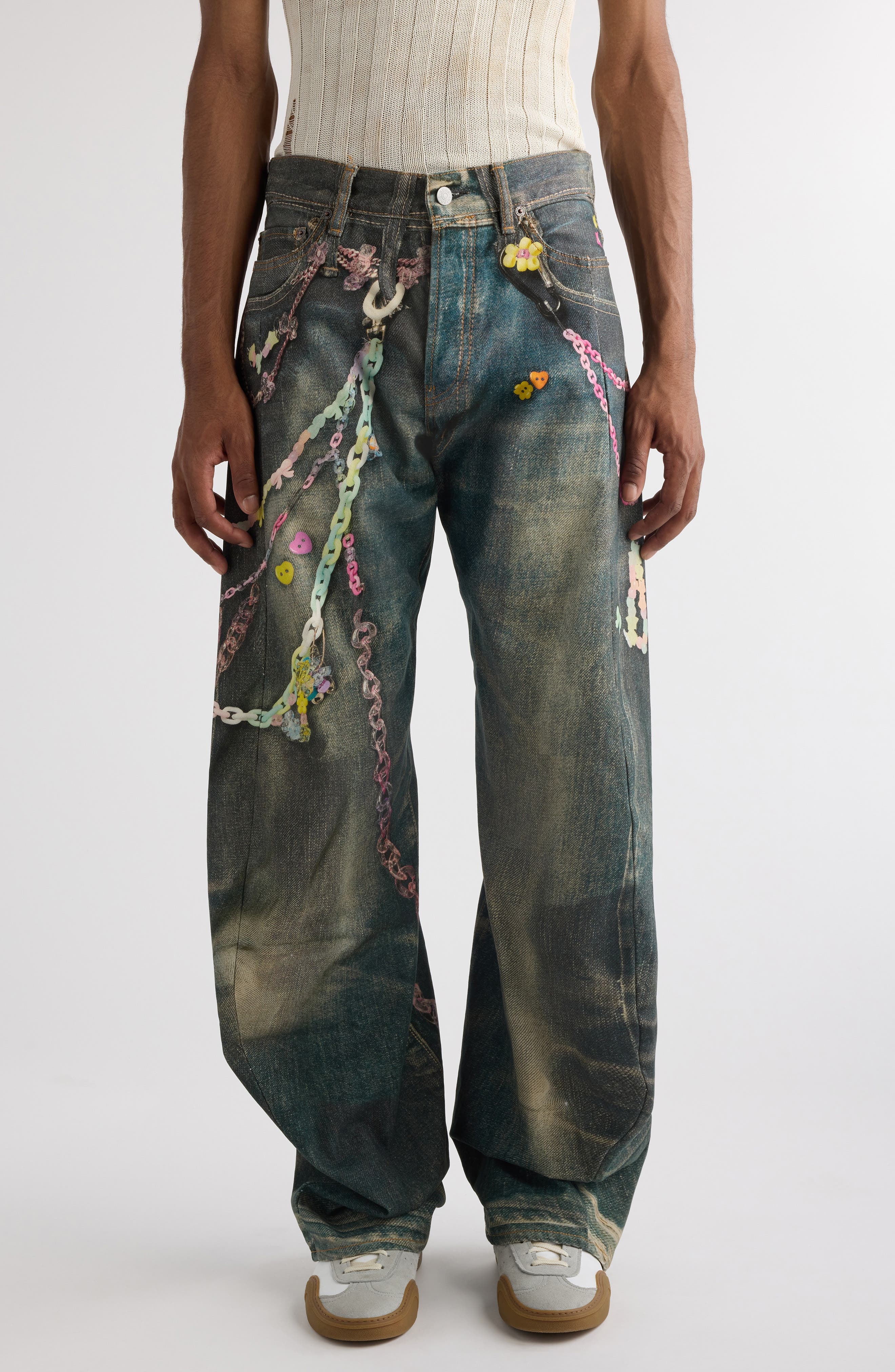 Acne Studios Trompe L'Oeil Baggy Wide Leg Cotton Canvas Pants in Mid Blue at Nordstrom - 1