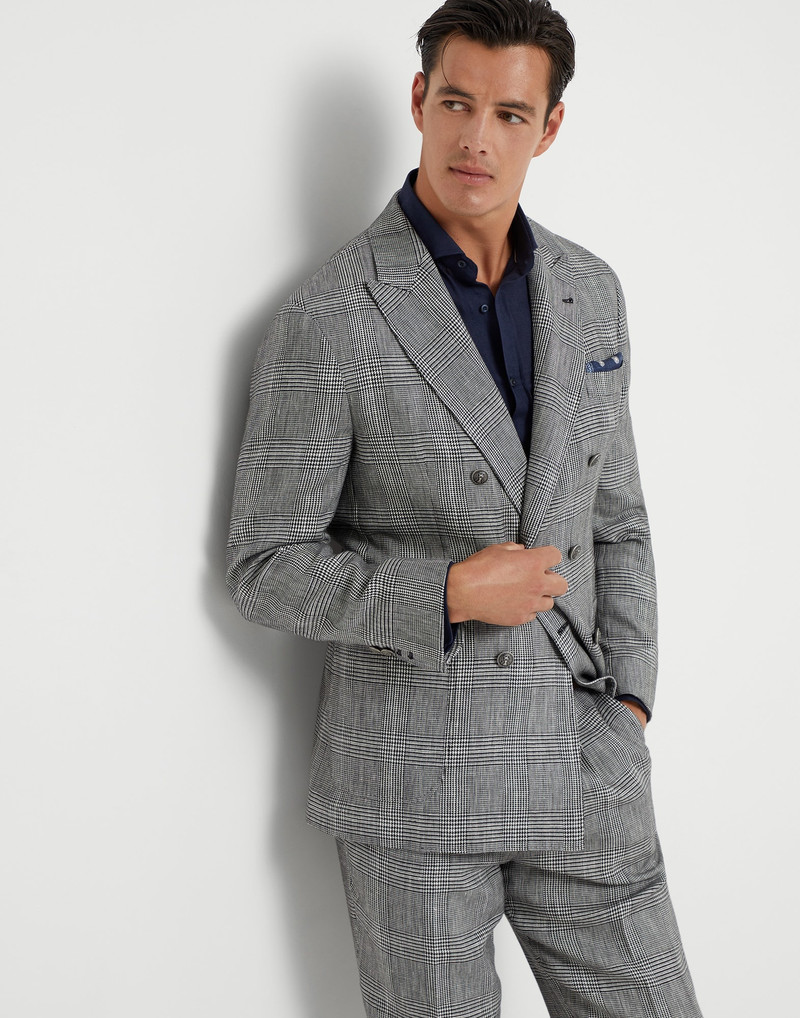Cotton and linen Prince of Wales one-and-a-half breasted deconstructed blazer with patch pockets and 4