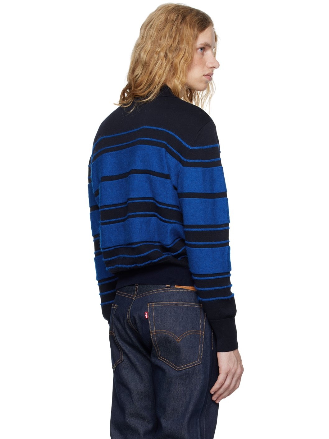 Blue Striped Knit Long Sleeve Polo - 3