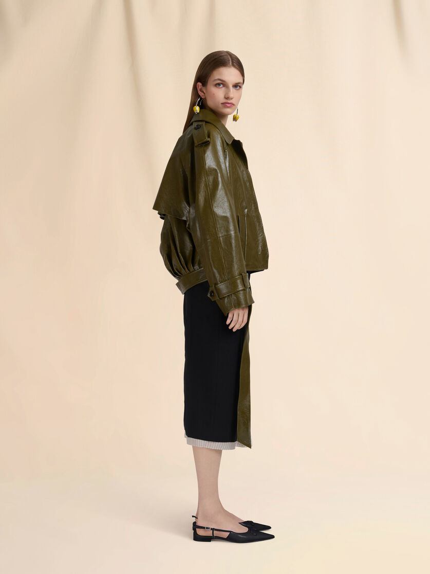 DEEP GREEN LEATHER SHORT TRENCH COAT - 6