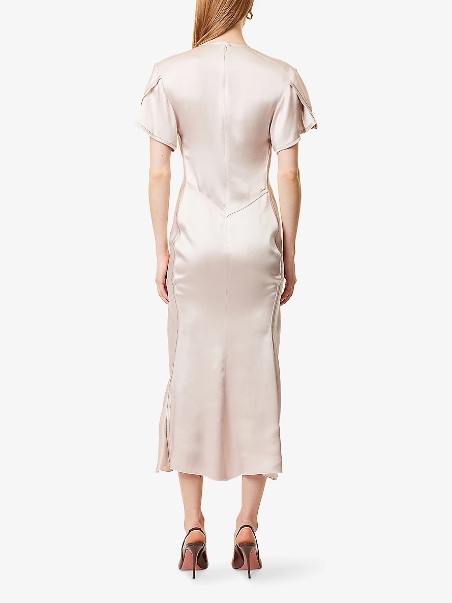 Draped Pleat V-Neck Satin Midi Dress - 4