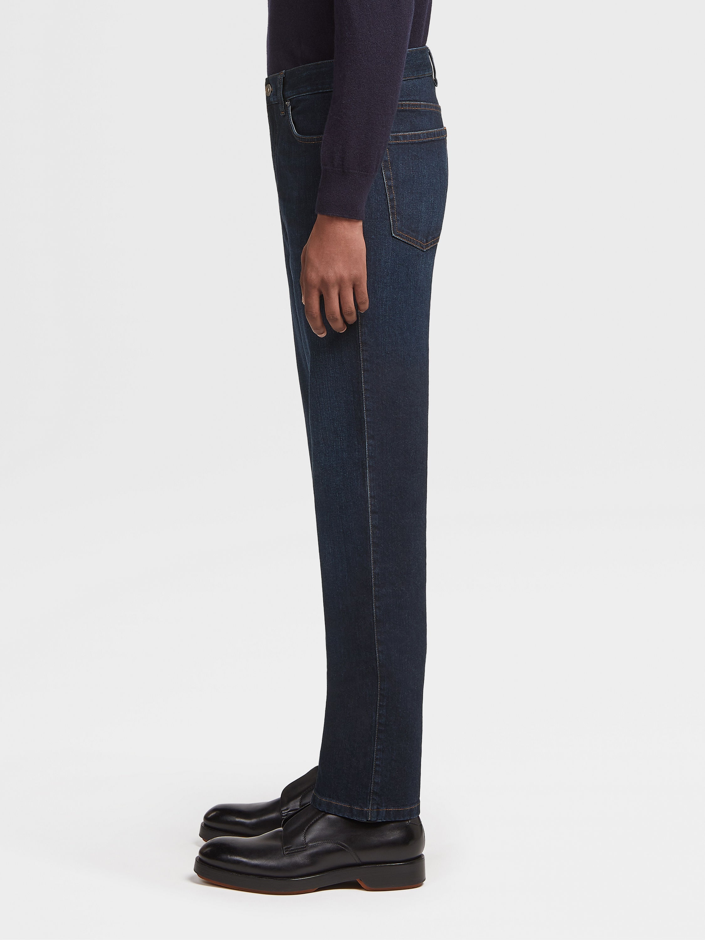 DARK BLUE STONE-WASHED COTTON ROCCIA JEANS - 4