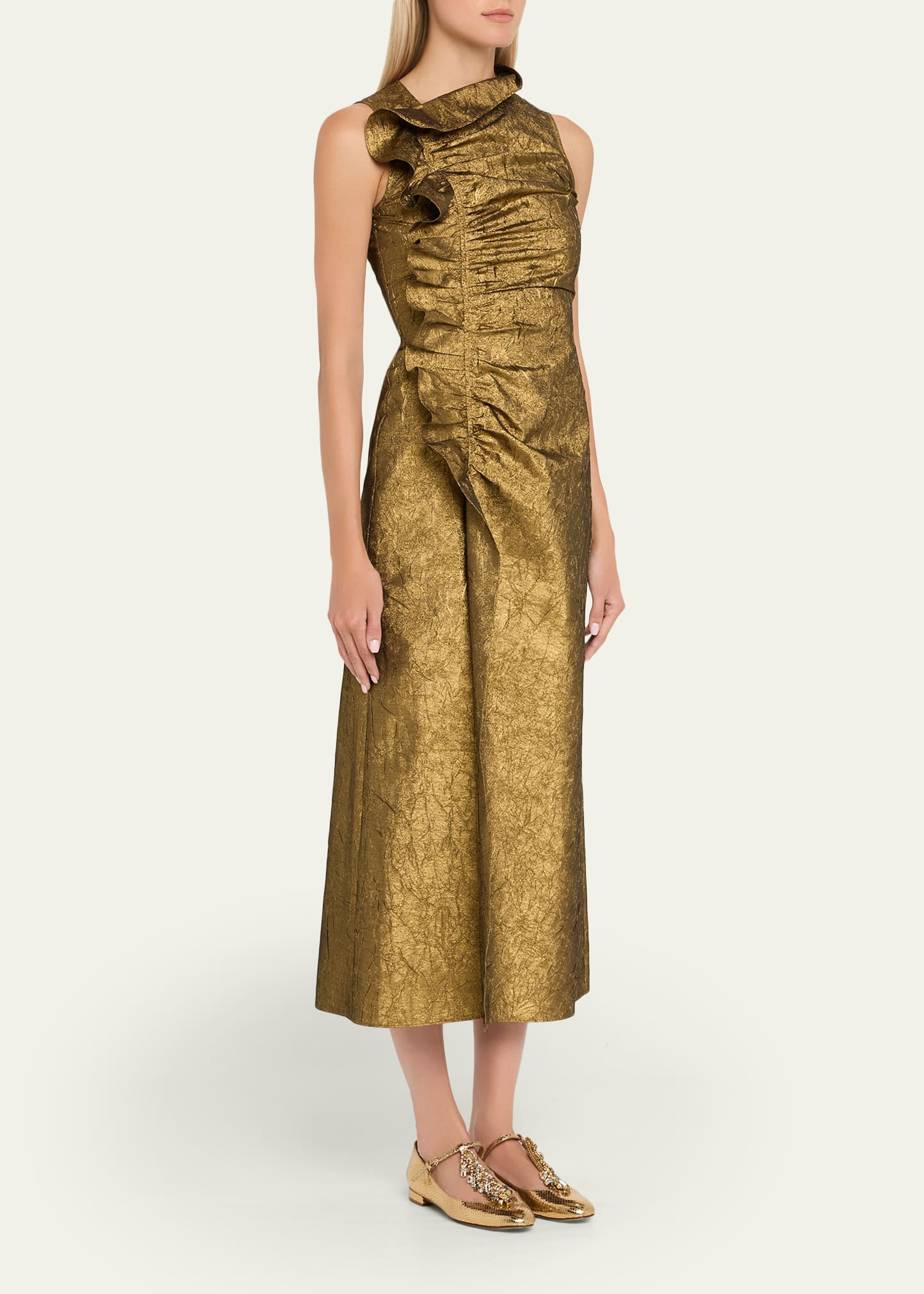 Demetria Metallic Sleeveless Ruched Midi Dress - 4