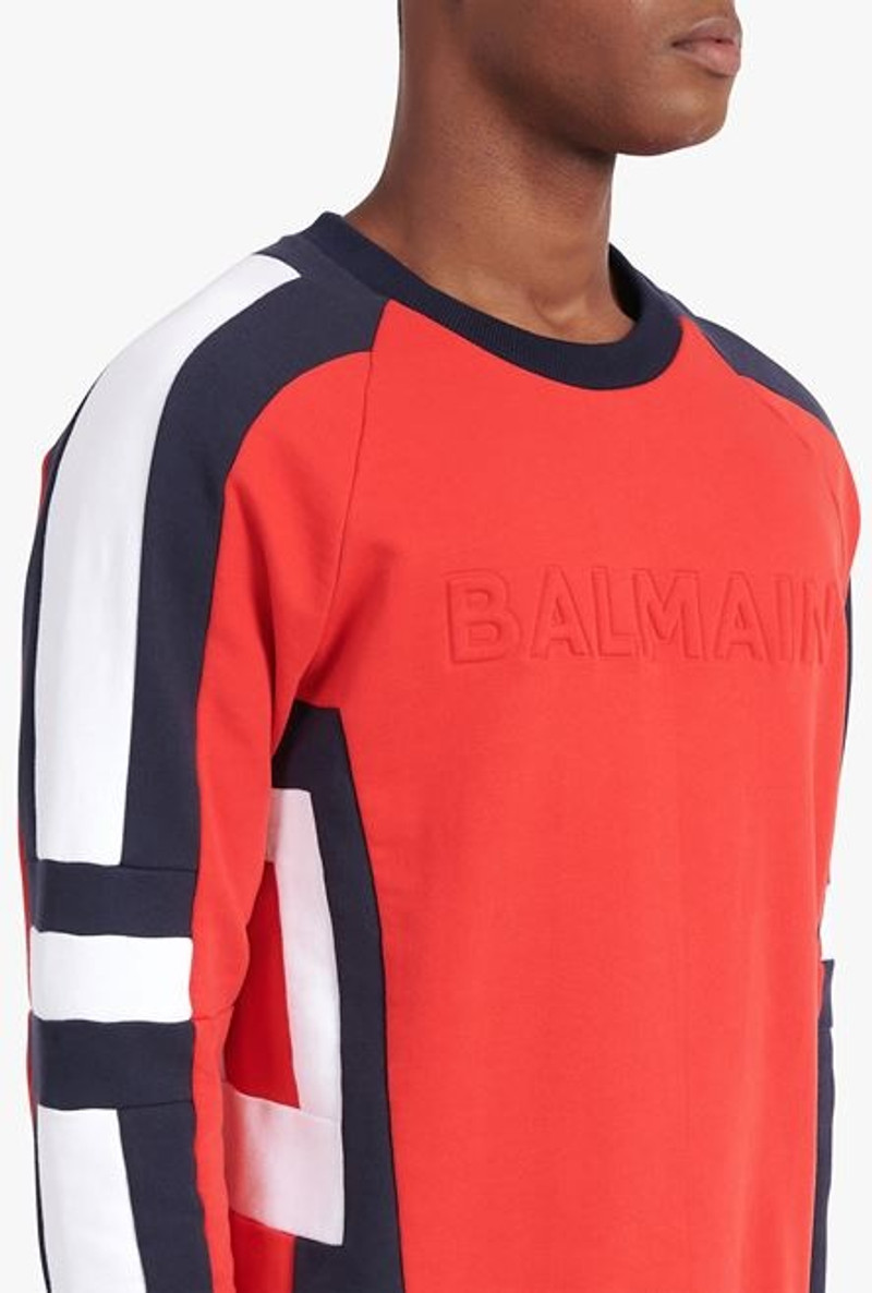 Oversized red, navy blue and white eco-designed cotton sweatshirt with embossed Balmain logo 9